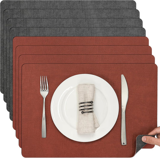 Myir JUN Dual Sided Faux Leather Placemats Set of 8 for Indoor Outdoor Dining Tables, Square Non-Slip Washable Wipeable Table Mats (Gray Terracotta, Set of 8)