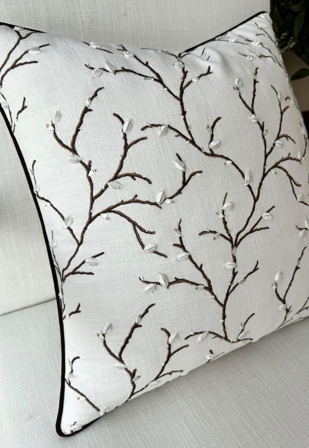 VAGMINE Embroidered Pussy Willow Throw Pillow Cover - 18x18 Inches Square - 100% Cotton Ivory Decorative Cushion Cover - Floral Embroidery - Soft Neutral Accent for Sofa, Bed, Couch, Farmhouse Décor