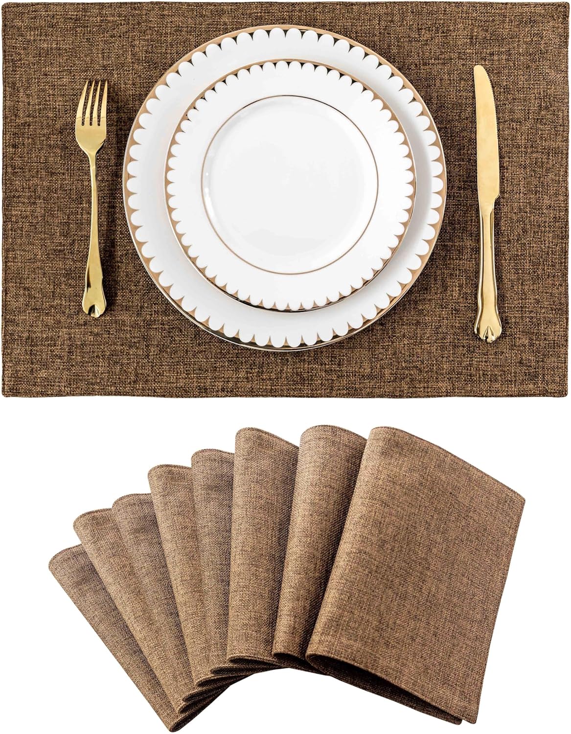 Home Brilliant Cloth Placemats Set of 8 Heat Resistant Dining Table Place Mats Linen Kitchen Table Mats, Brown