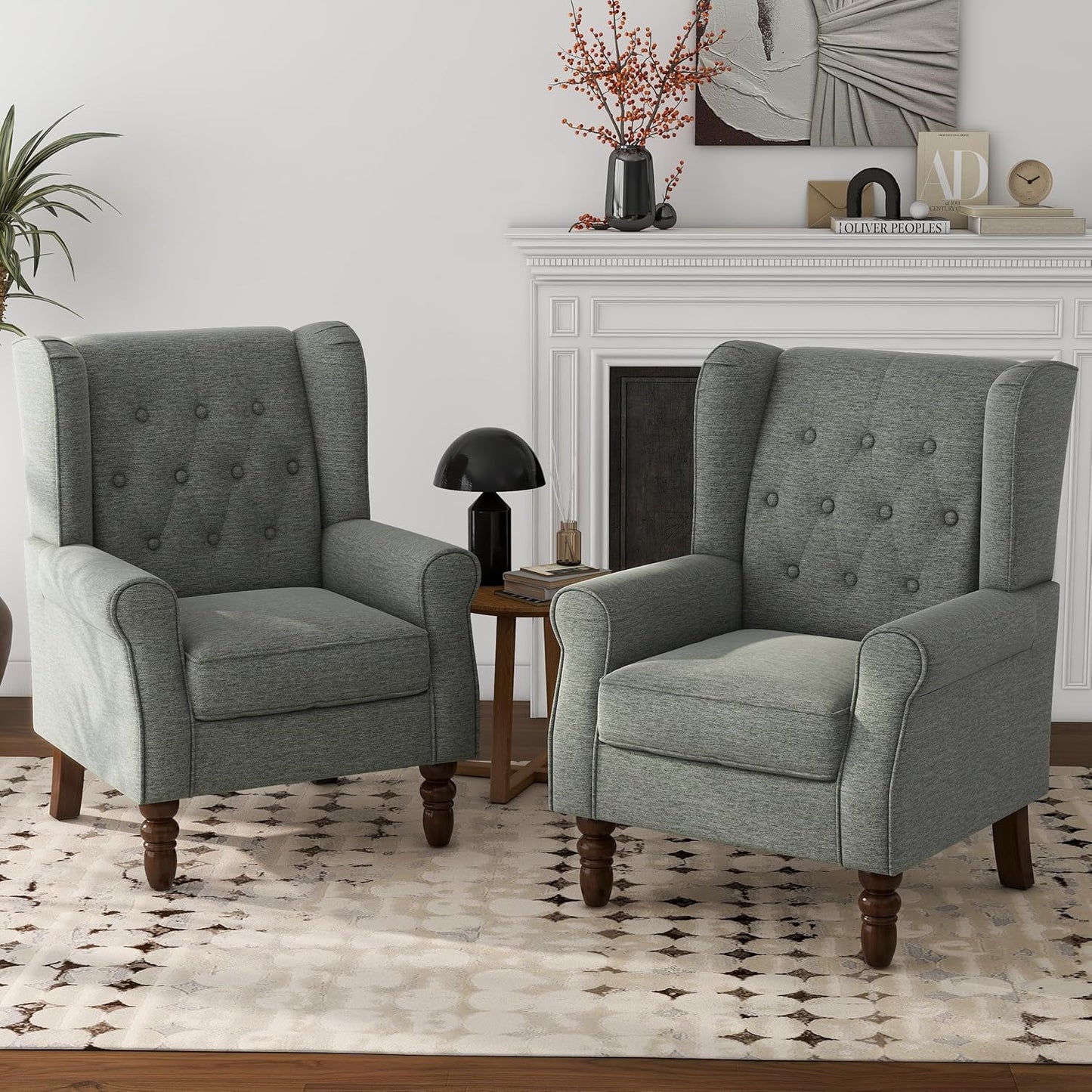 Lumibee High Back Accent Chair Set of 2,Upholstered Wingback Armchair with Solid Wood Legs for Small Spaces,Comfy Single Sofa Chair for Living Room,Bedroom,Office-Gray