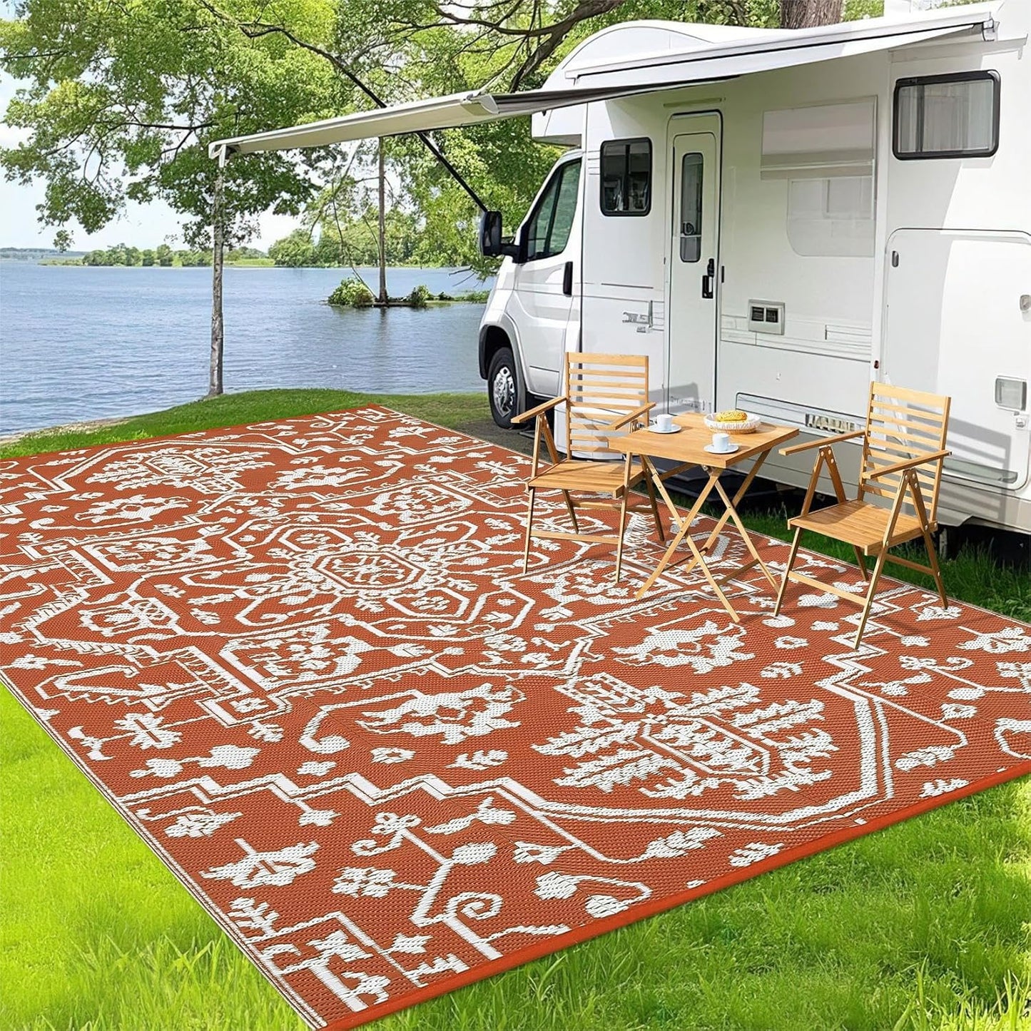 Waterproof Outdoor Rug 9x18 Reversible Plastic Straw Patio Rug, Stain-Resistant Vintage Medallion Carpet, Large Indoor Outdoor RV Mat for Deck, Camping, Balcony, Vintage Terracotta Brick/White
