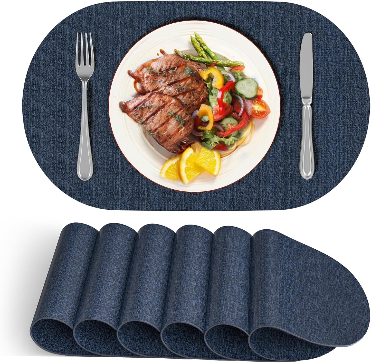 DOLOPL Large Placemats Set of 6, Oval Reversible Wipeable & Non-Slip Place Mats, Modern Faux Leather Table Mats for Kitchen, Neutral Tablemats for Dining Table Decor, Wedding, Party(Navy Blue)