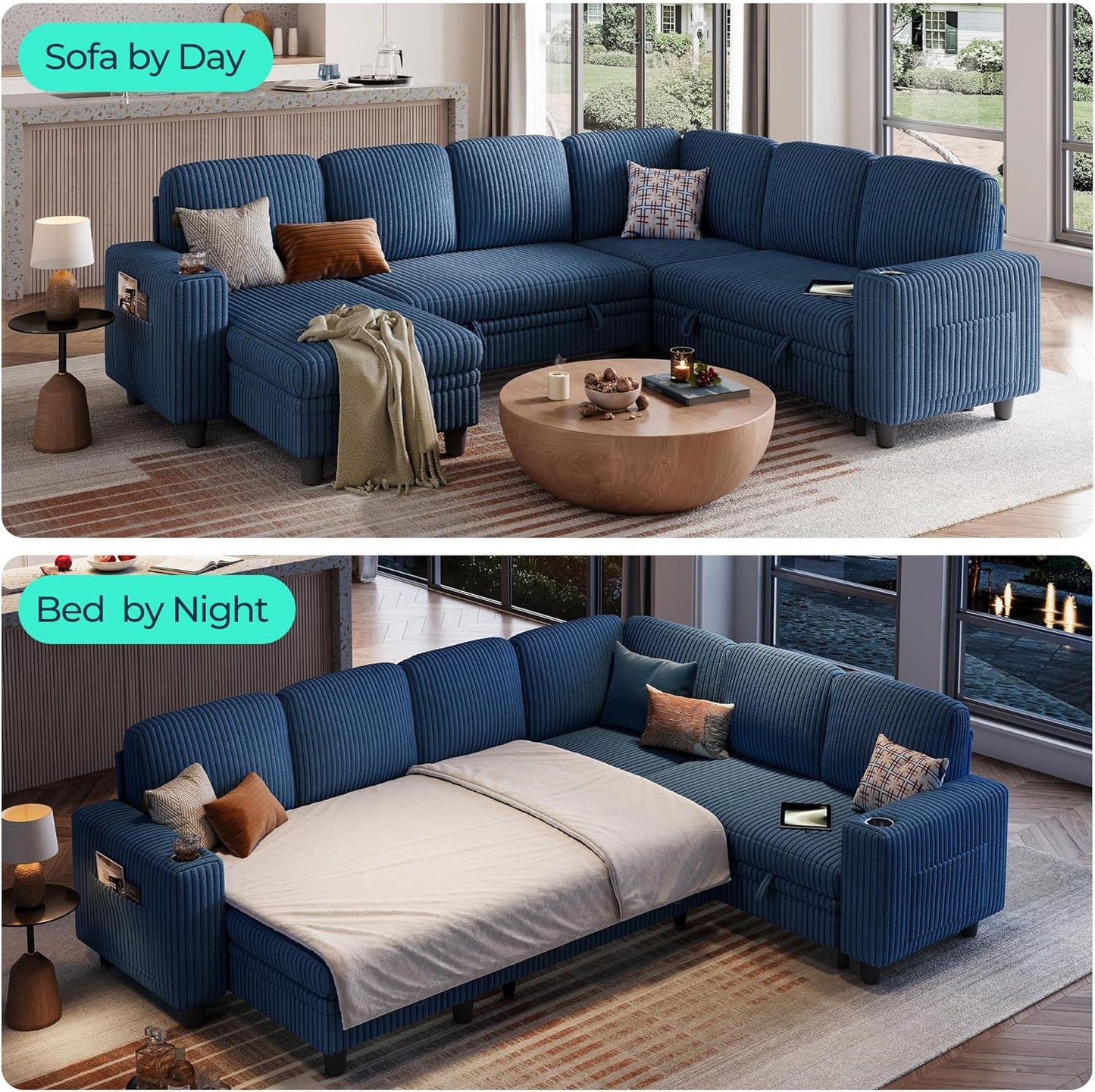 LINSY HOME Sectional Sleeper Sofa with Pull Out Couch Bed - Convertible Plush Corduroy Cloud Couch with Storage Chaise & USB Charging, Comfy Modular Couches for Living Room, Blue