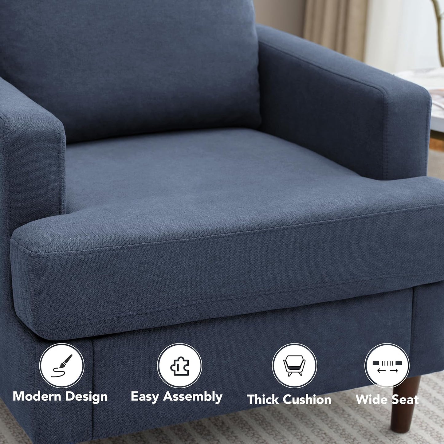 Mid-Century Accent Chair,Modern Linen Fabric Armchair for Living Room,Comfy Upholstered Reading Accent Chairs for Bedroom,Single Sofa Chair with Wood Legs (Blue Grey, 1 Pack)