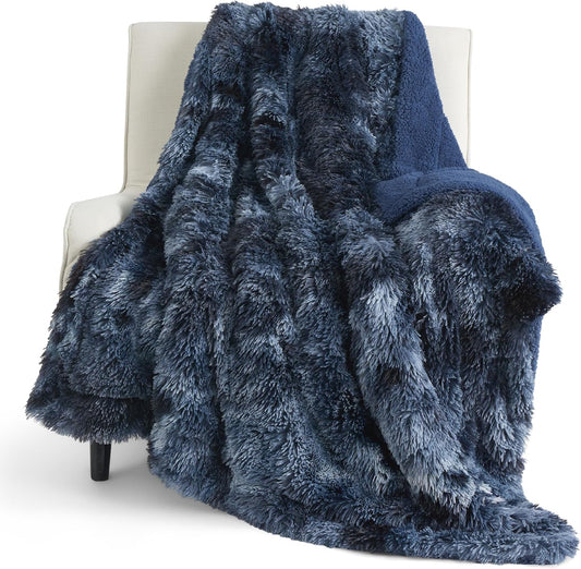 Bedsure GentleSoft Fluffy Navy Blue Throw Blanket, Tie Dye Blue Decor Navy Gifts for Men, Soft Cozy Fuzzy Plush Minky Thick Warm Sherpa Fleece Faux Fur Blanket for Couch, Blanket Gifts for Him, 50x60