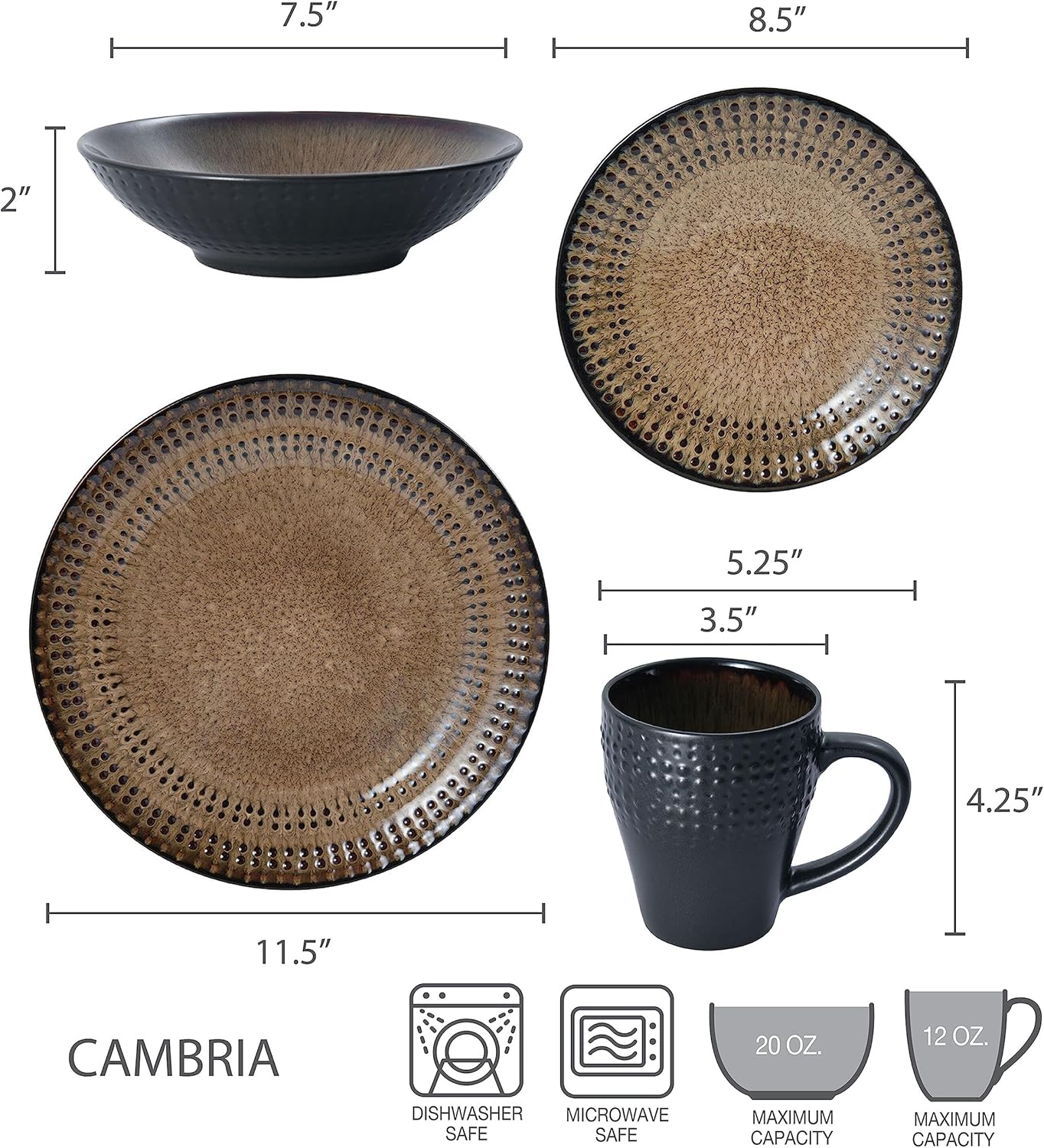 Pfaltzgraff Cambria 16-Piece Stoneware Dinnerware Set, Service for 4, Dark Brown
