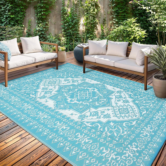 GAOMON Outdoor Rugs 8x10 Waterproof Reversible Outdoor Plastic Straw Rug, Large Patio Rugs UV-Resistant Portable RV Camping Mats, Vintage Boho Carpet for Deck Porch Garden, Light Blue & White