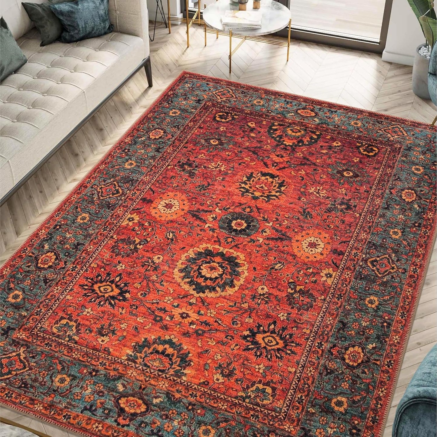 Keen Home Design 10x14 Rug - Machine Washable Area Rug with Non-Slip Backing, Ideal for Living Room, Dining Room, Bedroom - Vintage, Easy Clean, Durable, Low Pile Rug - (9'7" x 14')