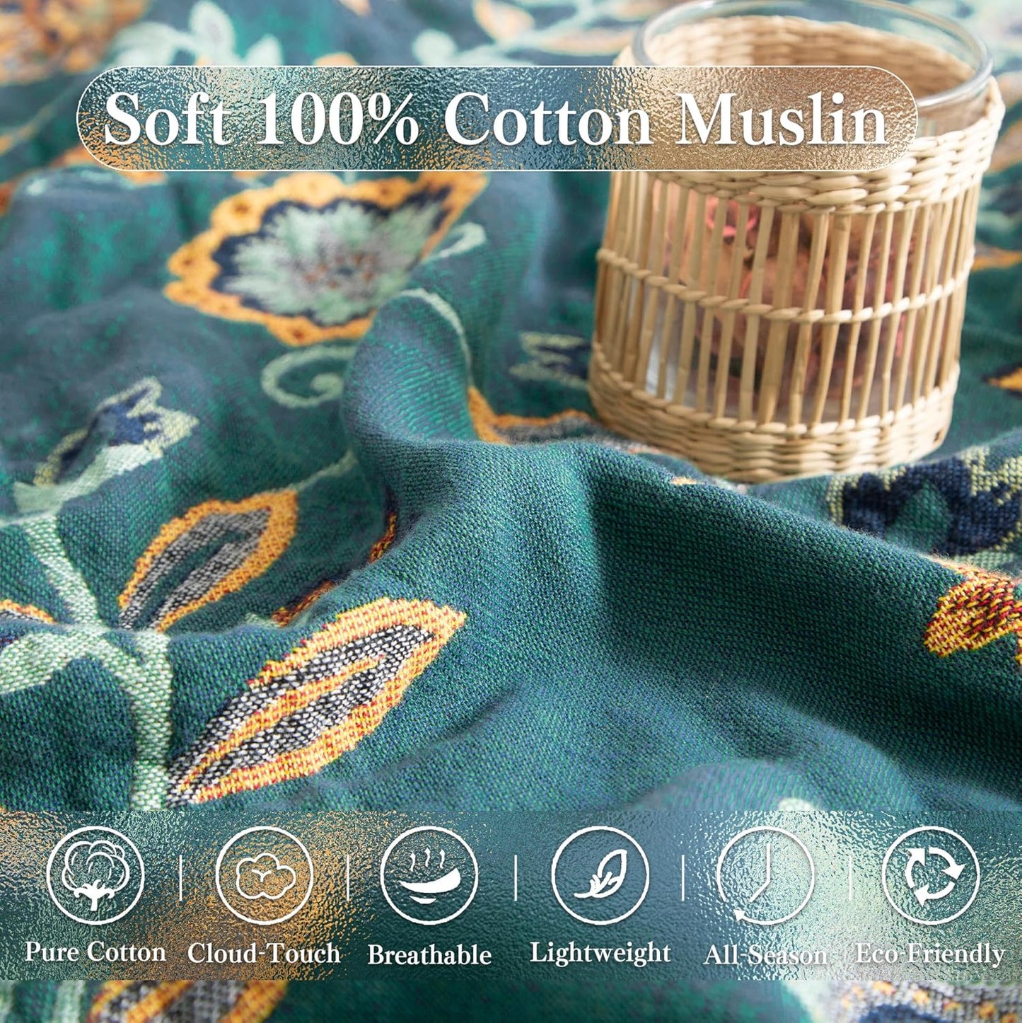 Boho Throw Blanket Twin Size, Soft Cozy Cotton Muslin Quilt Blanket for Bed Decor, Floral Patterned Couch Sofa Chair Cover, Vintage Farmhouse Cottage Tapestry Woven Blanket, Green&Beige