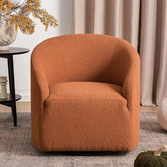 KINWELL 32" Wide Swivel Boucle Accent Chair Armchair, No Assembly Mid-Century Modern Round Upholstered Barrel Chair for Living Room, Bedroom, Office (Caramel)
