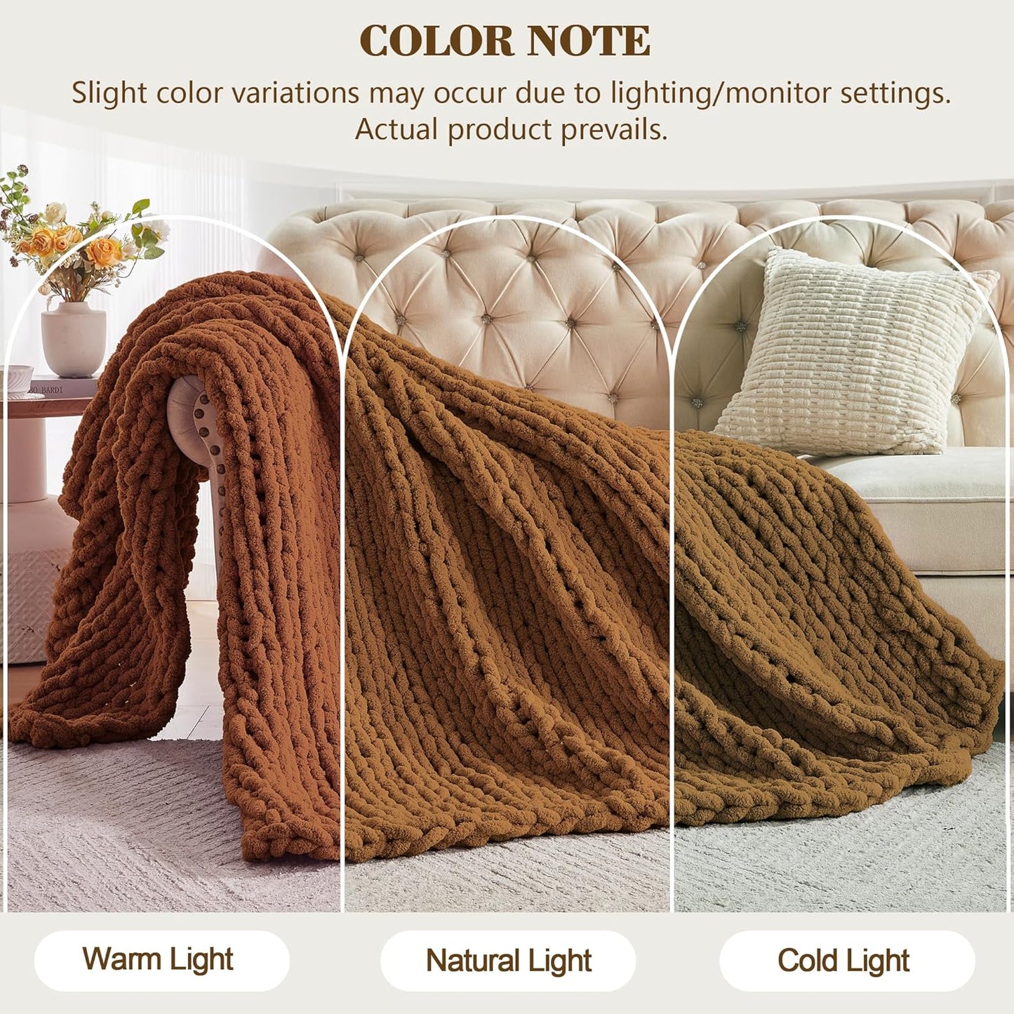 Carriediosa Chunky Knit Throw Blanket 60" X 80" Twin, 100% Hand Made Large Chenille Loop Yarn Soft Fluffy Throws for Couch Sofa Bed, Big Crochet Cozy Heavy Thick Cable Woven Blanket, Light Brown