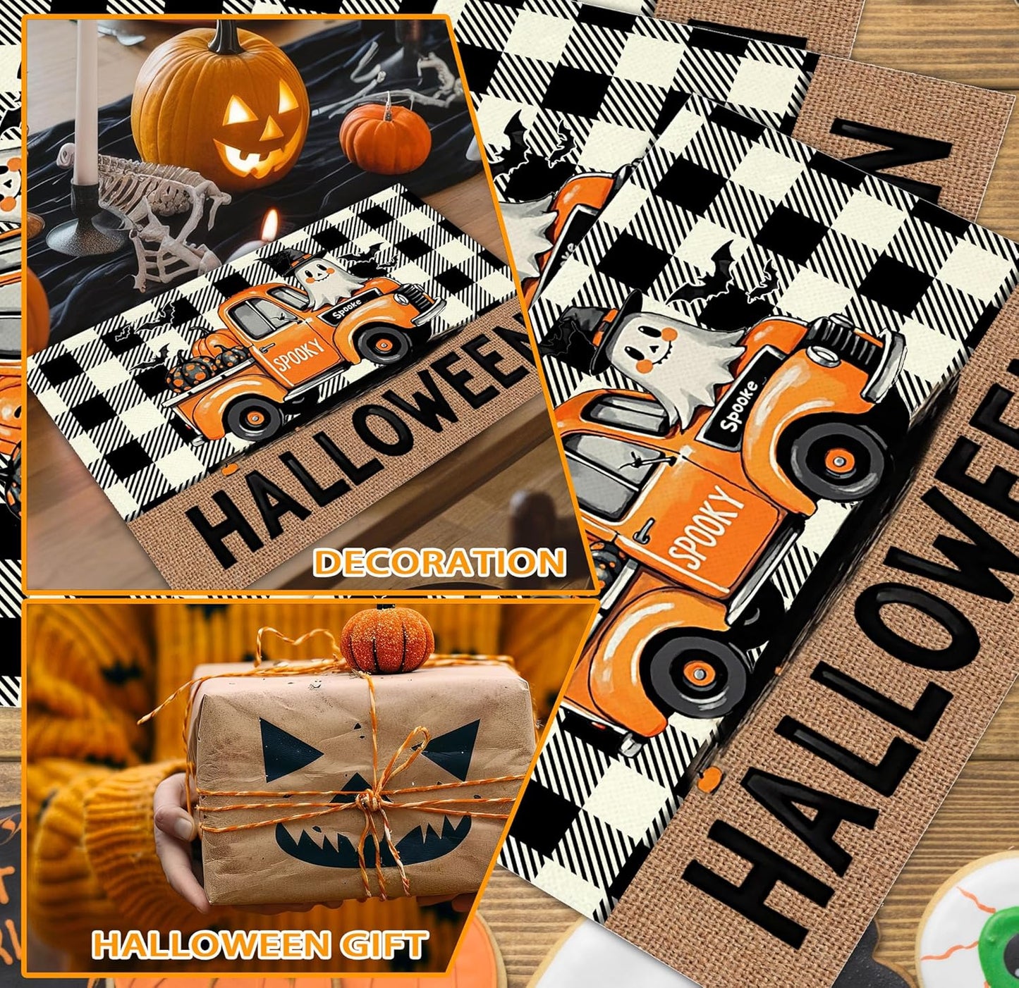 Halloween Pumpkin Placemats Set of 4, 12x18 Inch Plaid Truck Decorative Table Mats, Washable Heat Resistant Place Mats for Kitchen Dining Table, Spooky Themed Decoration for Home-B08