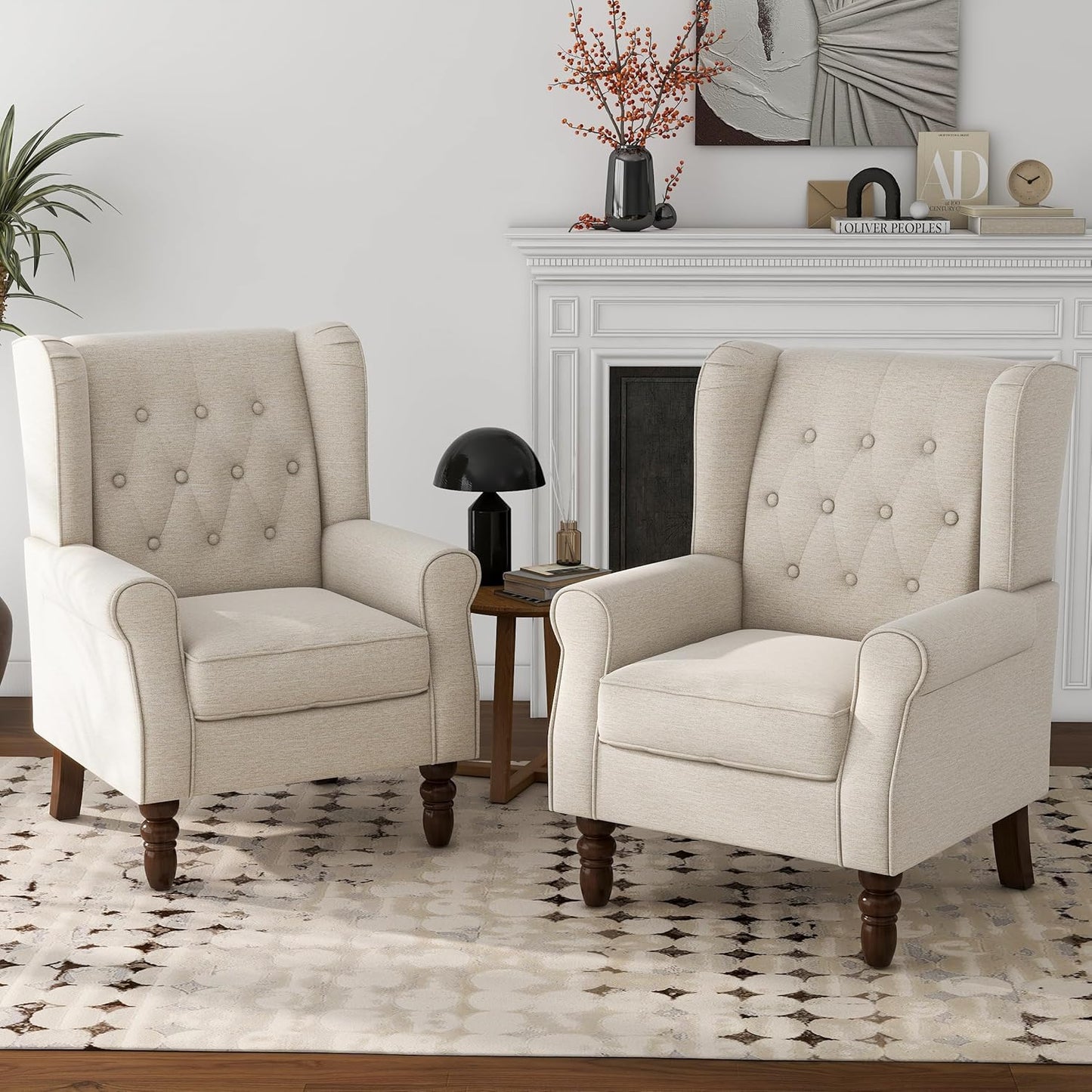 Lumibee High Back Accent Chair Set of 2,Upholstered Wingback Armchair with Solid Wood Legs for Small Spaces,Comfy Single Sofa Chair for Living Room,Bedroom,Office-Beige