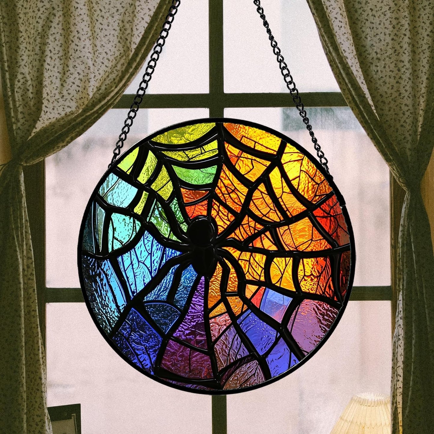 Stained Glass Suncatcher, Colorful Spider Sun Catcher Black Insect Stain Glass Window Hanging Decoration Mother's Day Birthday Gifts for Women Men Mom Nana 6.3 in