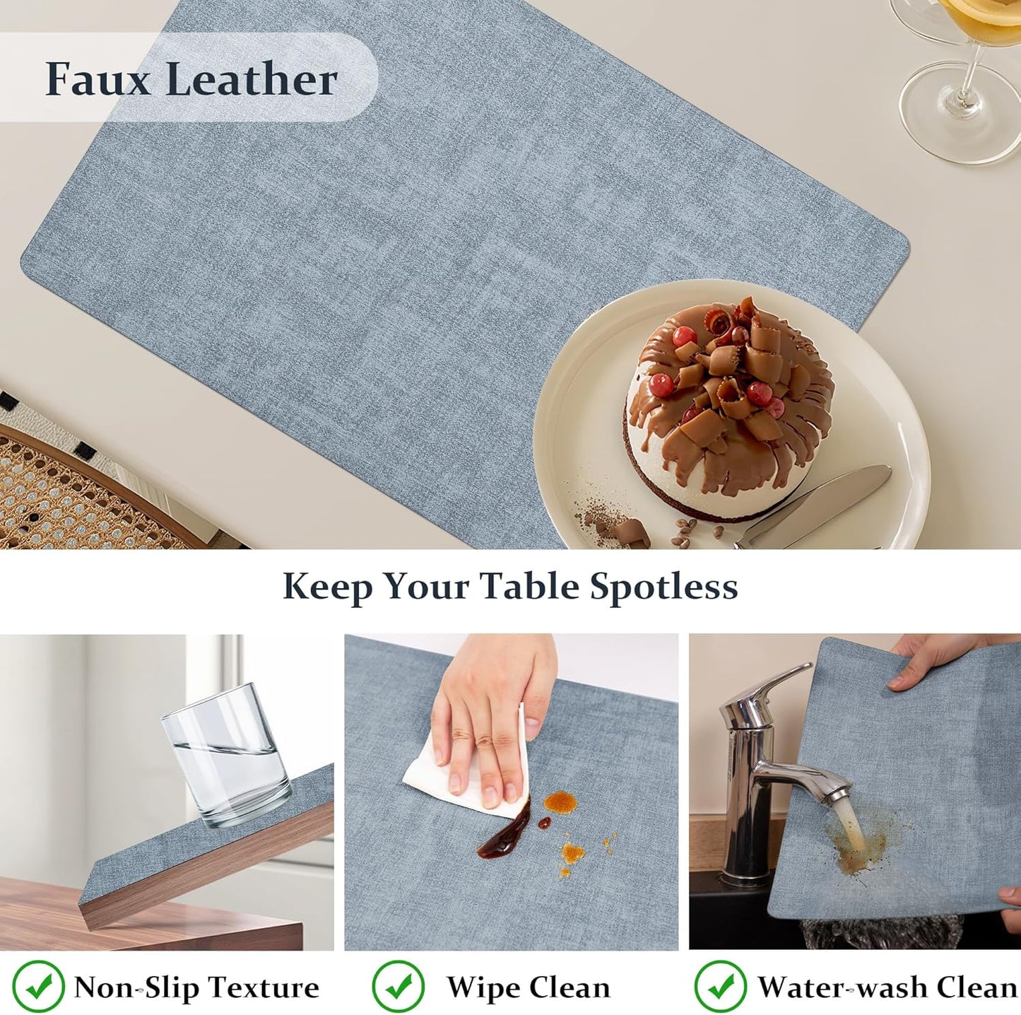 FROMHEART Faux Leather Placemats Set of 12–Waterproof,Heat/Oil Stain-Resistant PU Table Mat–Reversible,Non-Slip,Easy to Clean Place Mats for Kitchen,Dining,Indoor/Outdoor,(Light Blue,11.8" x 17")