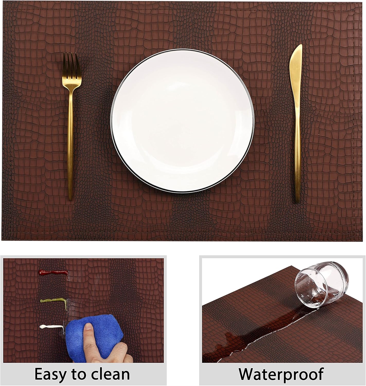 Faux Leather Hardboard Placemats, Set of 6 PU Table Mats, Easy to Clean, Heat & Stain Resistant for Office Conference Table, Dining Home Decor, Brown