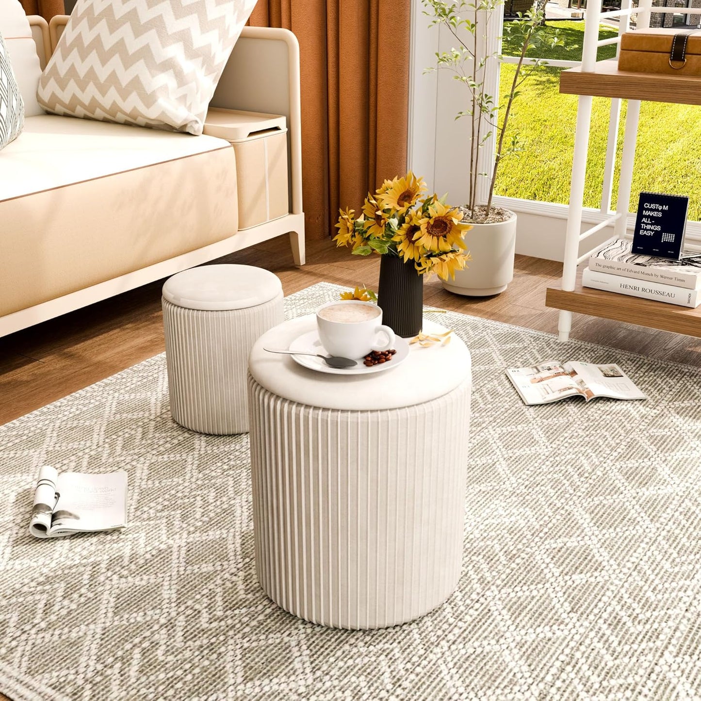 Ottoman with Storage Set of 2, Velvet Storage Ottoman, Upholstered Sponge Vanity Stool Support 300lbs, Multifunctional Coffee Table Foot Rest Ottomans for Living Room Bedroom, Beige