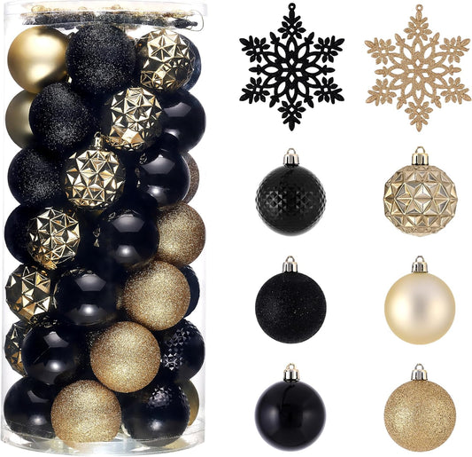 Valery Madelyn Christmas Tree Decorations Ornament Set for Fall Halloween, 50ct 2 Inches Black and Gold Shatterproof Christmas Ball Ornaments Hanging Xmas Holiday Party Decor