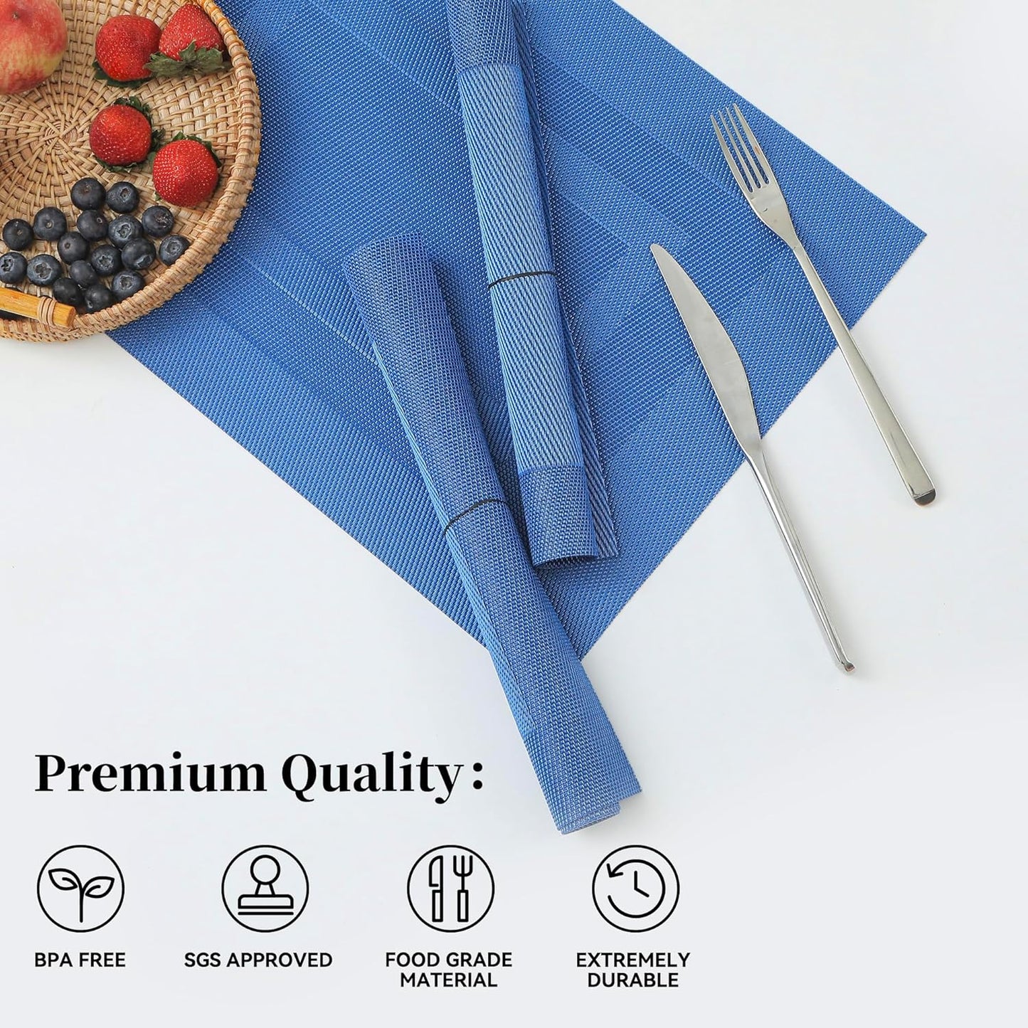 Leetaltree Blue Frame Placemats Set of 6 - Heat Resistant Non-Slip Place mats for Dining Table, Washable Durable PVC Vinyl Woven Table Mats（Blue Frame, 6）