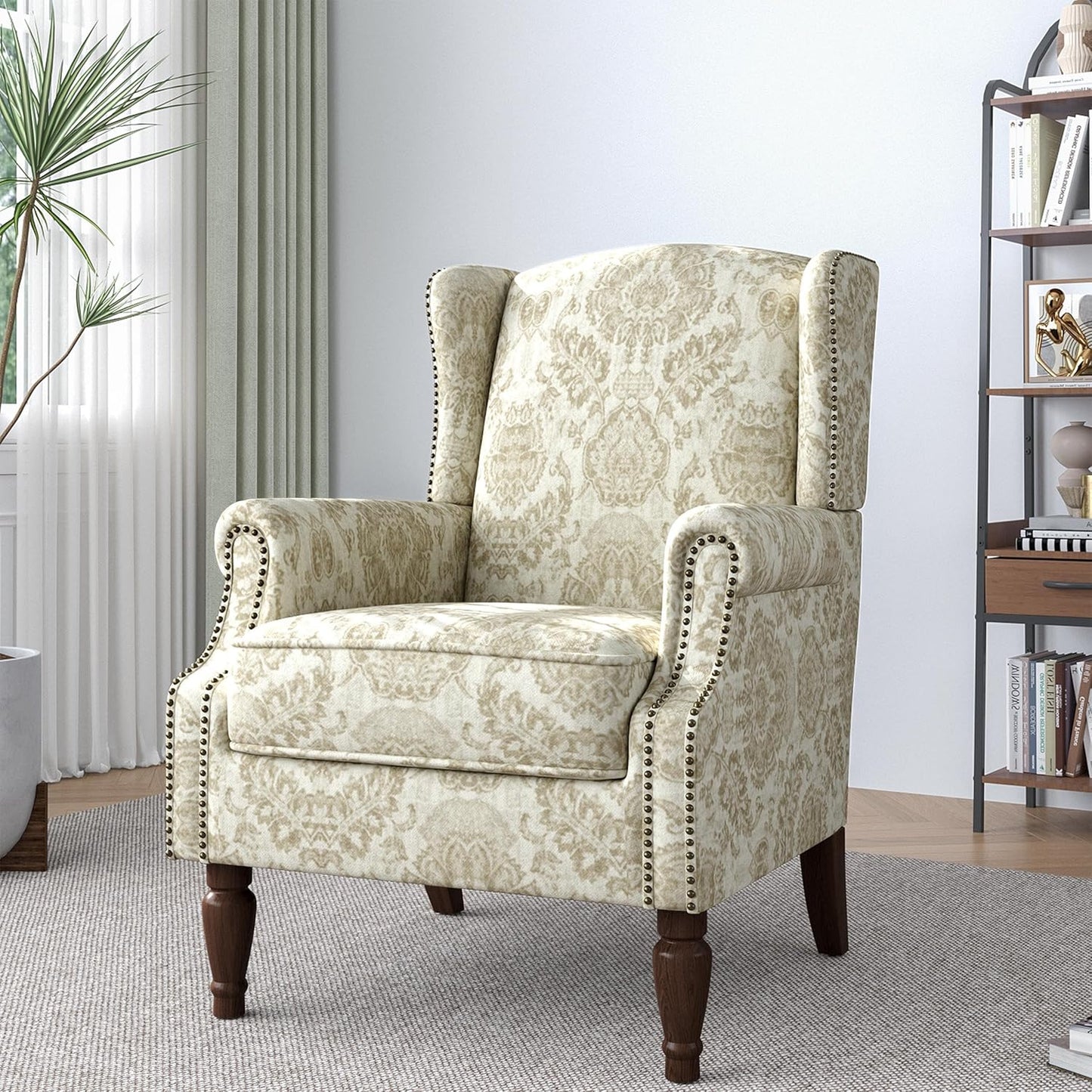 Lumibee Wingback Accent Chair,High Back Floral Armchairs in Fabric,Comfy Upholstered Reading Single Sofa Chair with Solid Wood Legs for Living Room,Bedroom,Office-White