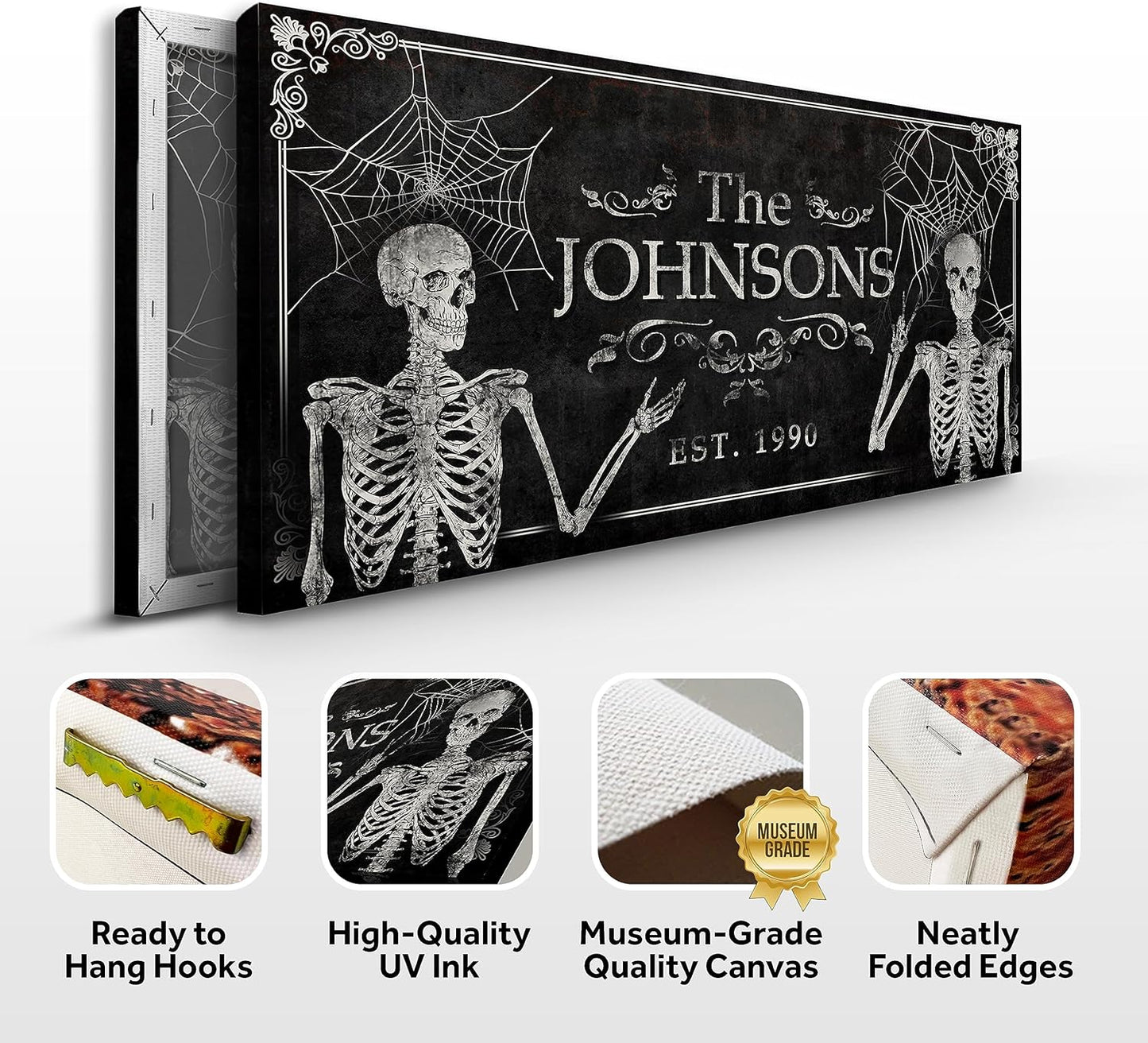 Tailored Canvases Gothic Family Wall Decor - Personalized Grunge Vintage Skeleton Room Decor for Home, Halloween Lovers, Men & Women for Bedroom, Living Room - Custom Couple Name, White Print, 20"x10"