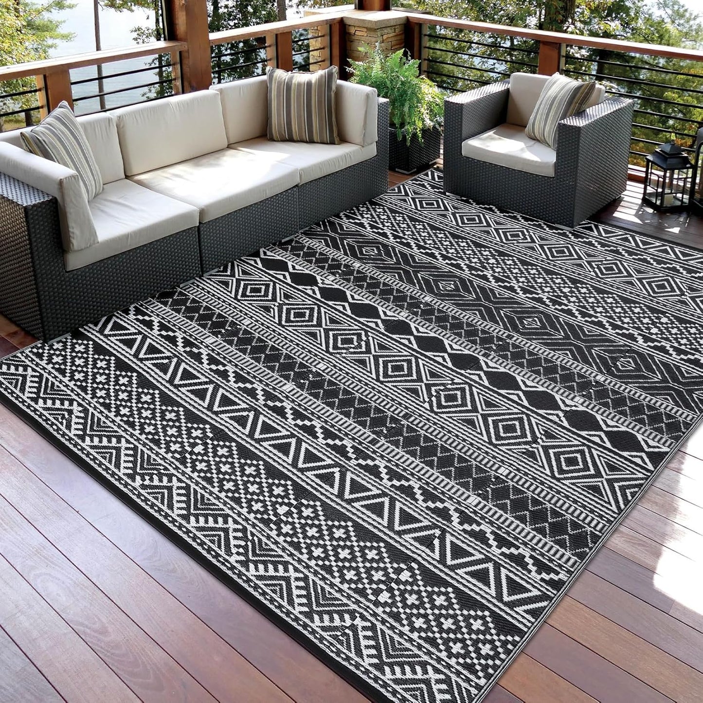 GAOMON Outdoor Rugs Patio Camping Waterproof Rug 6'x9' Plastic Straw Patio Rug Portable for Campers, Outside RVs Mat for Patios Clearance, Backyard Porch, Balcony, Black/White(Bohemia)