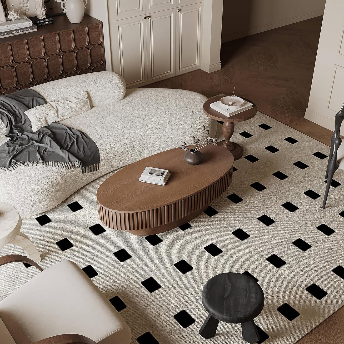 47.2''Oval Coffee Table with Storage, Mid Century Modern Fluted Drum Center Tables with Lid, Solid Wood Side Pedestal Coffee Table Tea Table for Living Room, Bedroom, Apartment-Walnut