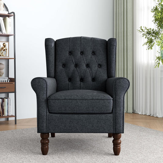 Lumibee High Back Accent Chair,Upholstered Wingback Armchair with Solid Wood Legs for Small Spaces,Comfy Single Sofa Chair for Living Room,Bedroom,Office-Black Blue