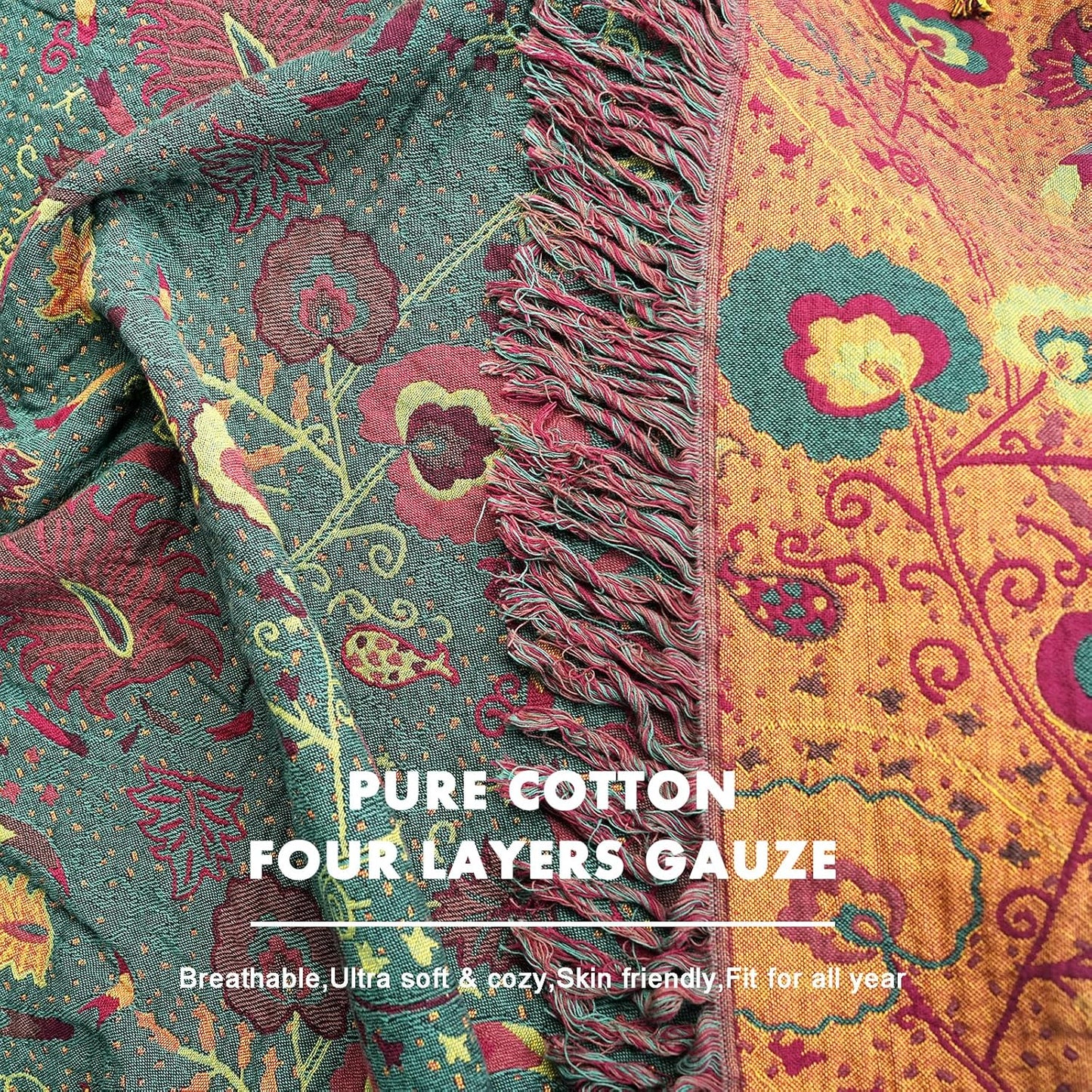 MSGKV Cotton Bed Blanket for Couch and Sofa Blankets for Living Room Bedroom Reversable Florals Throw 90"x98" Breathable Cozy Boho Blankets