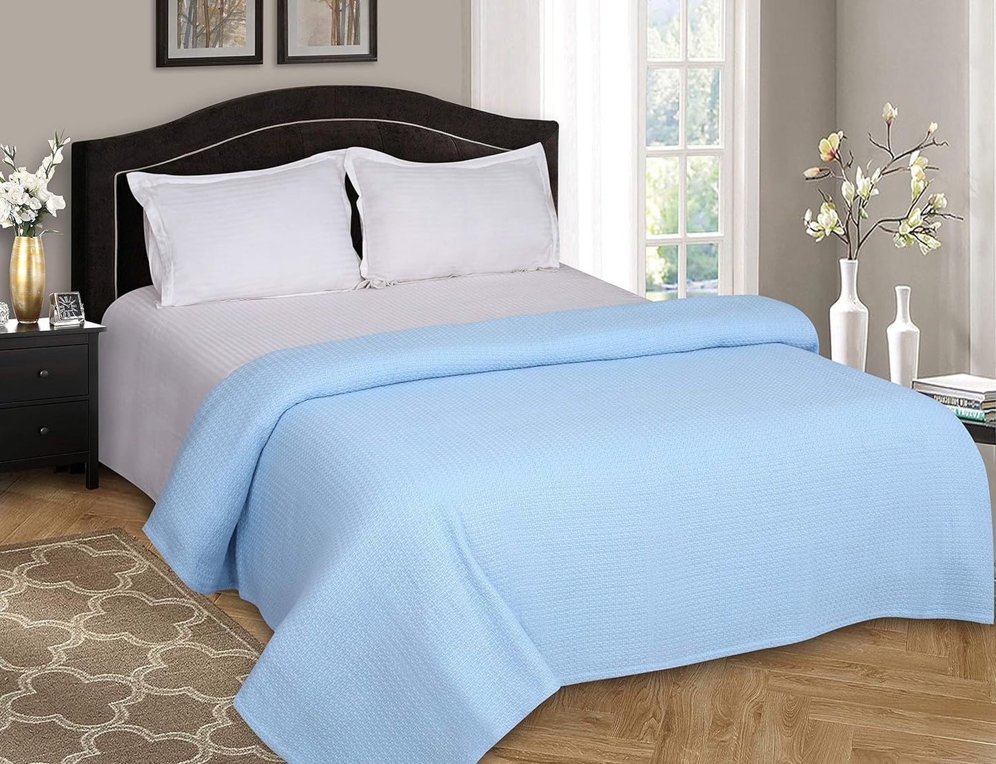 Elvana Home 100% Cotton Bed Blanket, Breathable Bed Blanket Full - Queen Size, Cotton Thermal Blankets Full - Queen, Perfect for Layering Any Bed for All Season, Light Blue