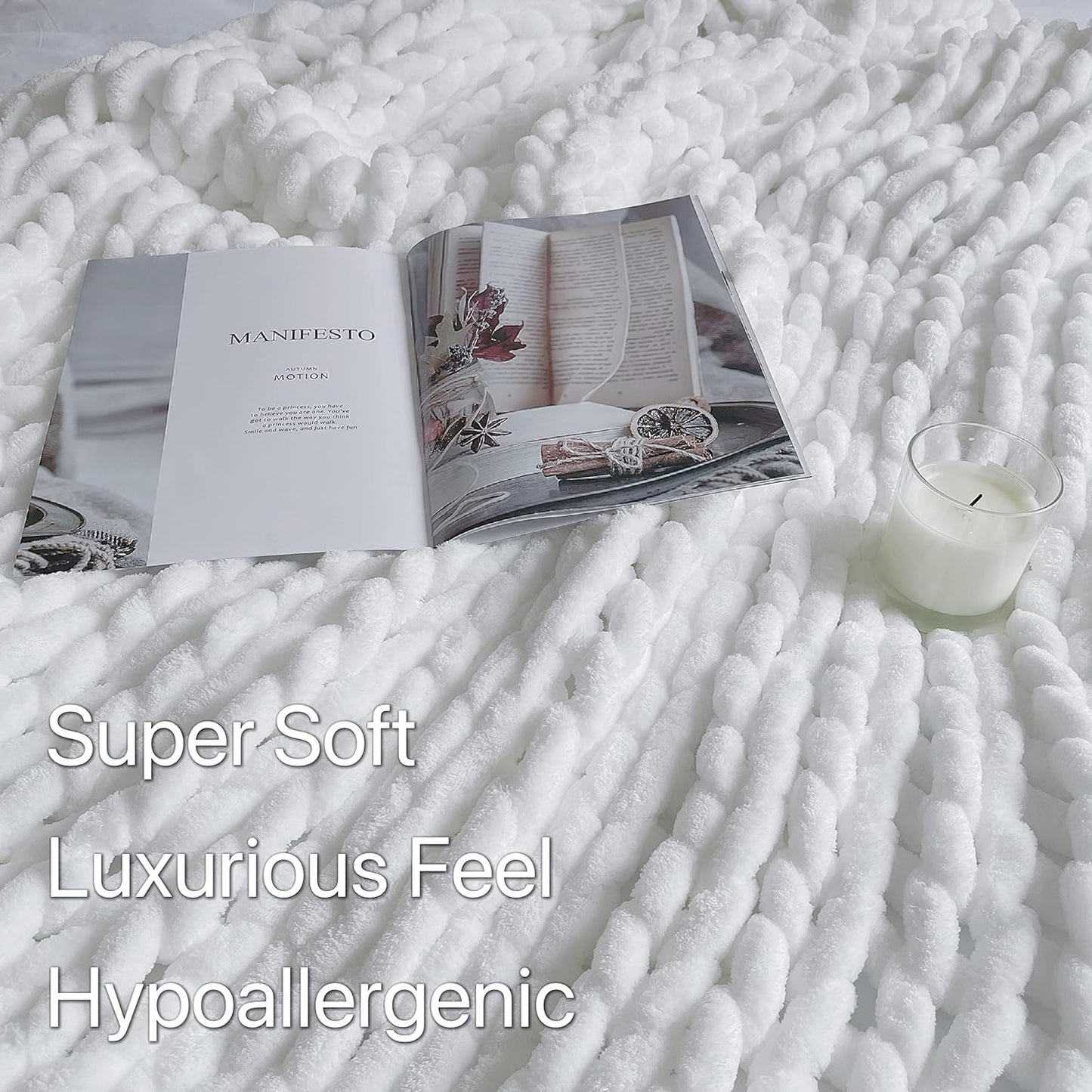 Maetoow Chenille Chunky Knit Blanket Throw （40×50 Inch）, Handmade Warm & Cozy Blanket Couch, Bed, Home Decor, Soft Breathable Fleece Banket, Christmas Thick and Giant Yarn Throws, White