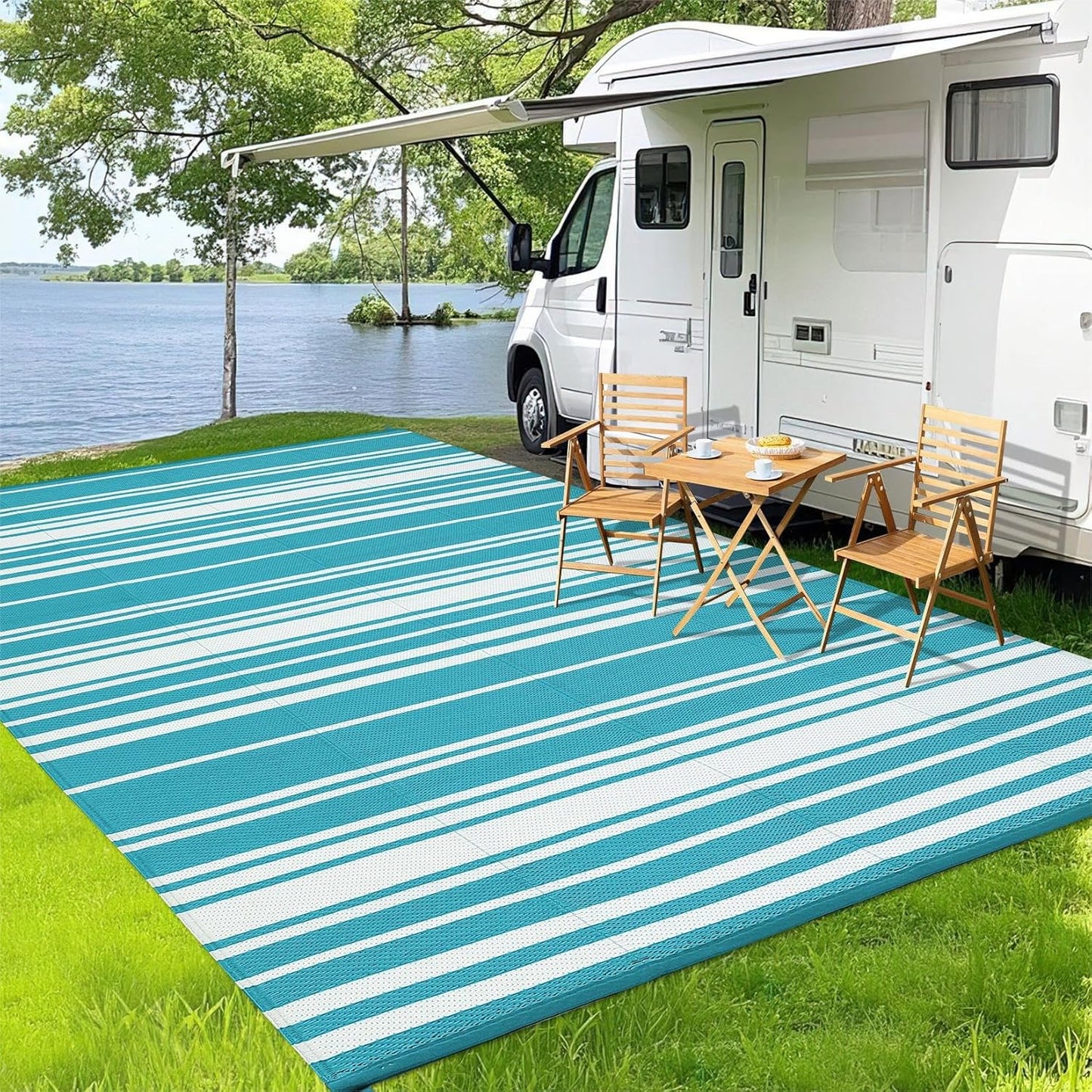 Waterproof Outdoor Rug 8x10 Contemporary Reversible Plastic Straw Rug, Easy Cleaning Striped Patio Carpet, UV-Resistant Indoor Outdoor Floor Cover for RV, Porch, Deck, Backyard, Light Blue