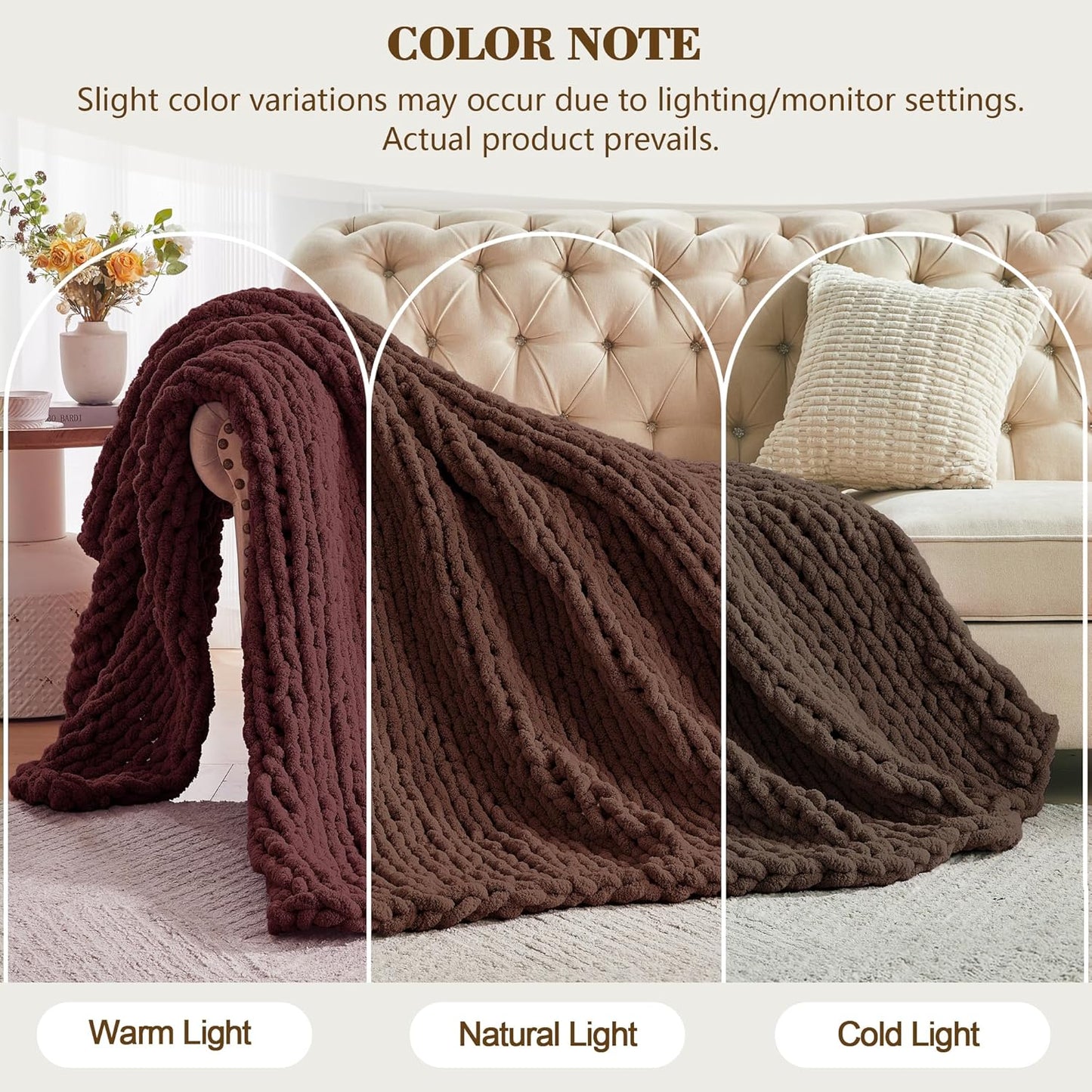 Carriediosa Chunky Knit Throw Blanket 50" X 60", 100% Hand Made Large Chenille Loop Yarn Soft Fluffy Throws for Couch Sofa Bed, Big Crochet Cozy Heavy Thick Cable Woven Blanket, Cocoa Brown