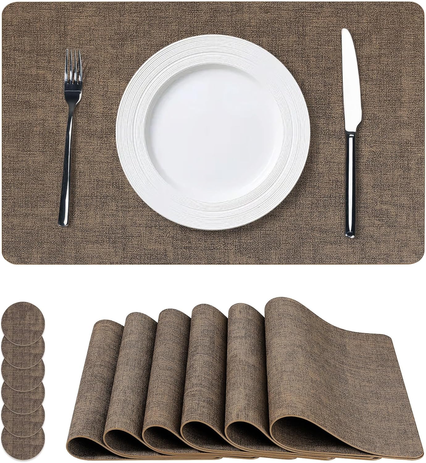 Vinyl Placemats Set of 6, Faux Leather Waterproof and Heat Resistant Place Mats, Washable Anti-Slip Table Mats with Coaster, Wipeable Placemats for Indoor & Outdoor 17" x 12" (Dark Coffee, Set of 6)