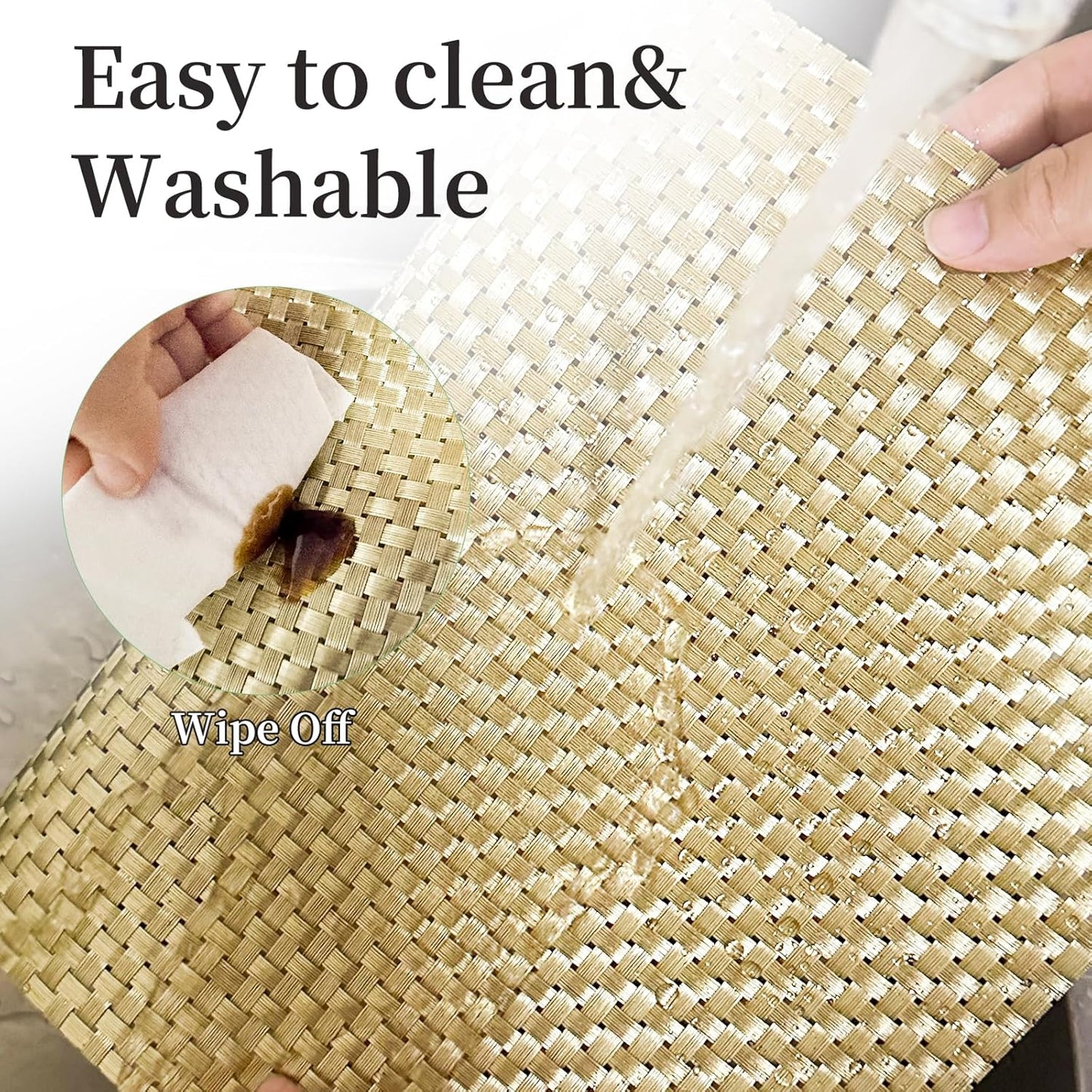 Vinyl Plastic Placemats Set of 4 Washable Heat Resistant Non-Slip Elegant Indoor Outdoor Kitchen Dining PVC Woven Table Place Mats (Gold Weaving)
