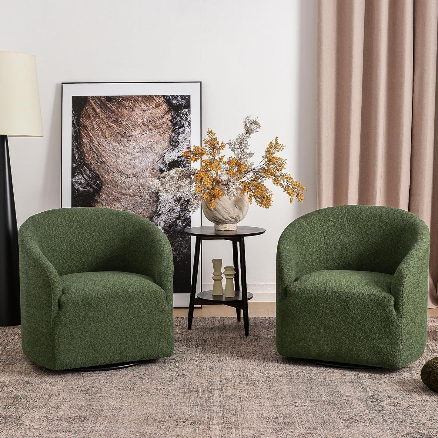 KINWELL 32" Wide Modern Boucle Swivel Barrel Chairs Set of 2, No Assembly Round Upholstered Swivel Accent Armchairs for Living Room, Bedroom (Green)