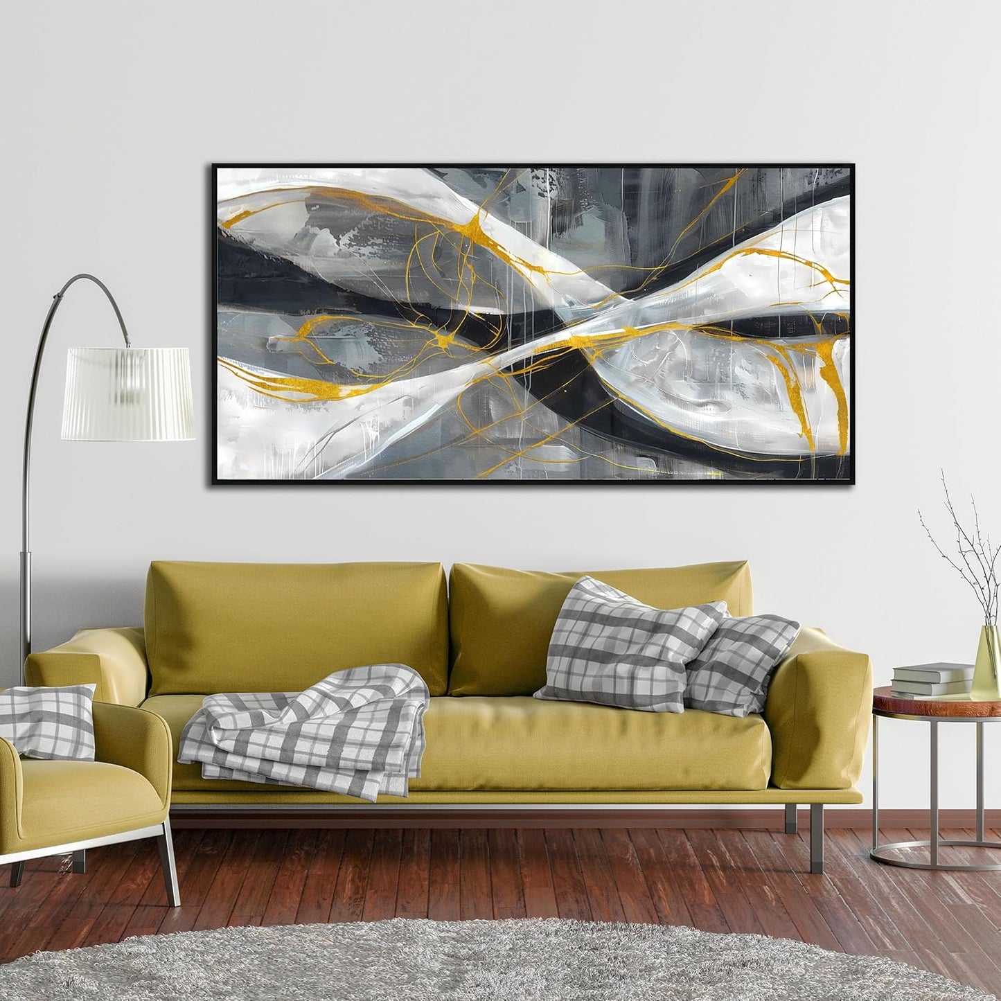 Ouzzlie Abstract Wall Art Grey Wall Decor for Living Room Large Canvas Art Picture Gold Artwork 29" x 59"