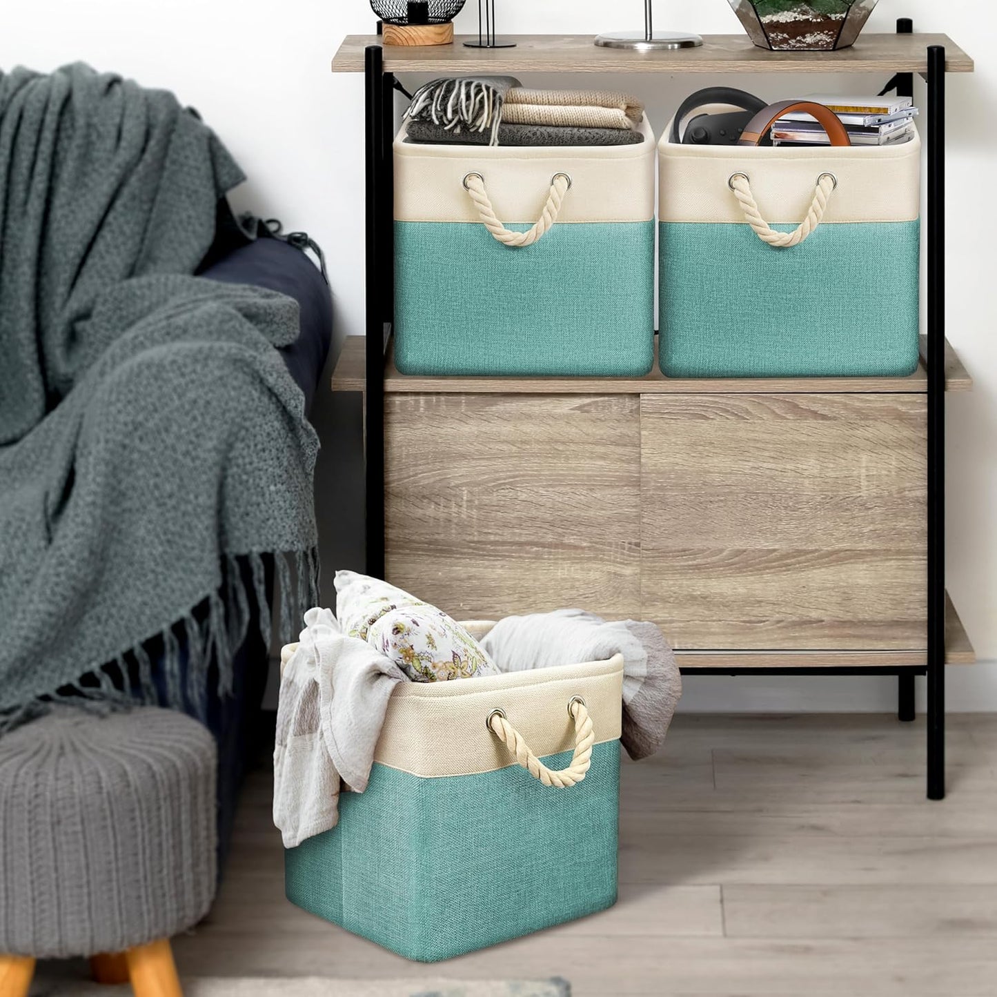 SIMPLE HOUSEWARE Fabric Storage Cubes, 13" x 13" Storage Bin, 3 Pack, Turquoise