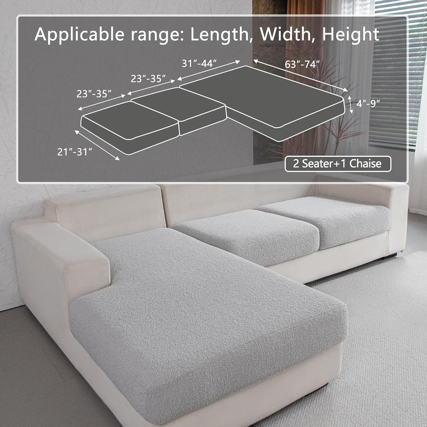 Couch Cushion Covers for Sectional Sofa, Stretch Soft Sofa Slipcovers Washable Wear-Resistant Universal Furniture Protector for Living Room(2 Seaters Covers+1 Chaise Cover, Light Gray)