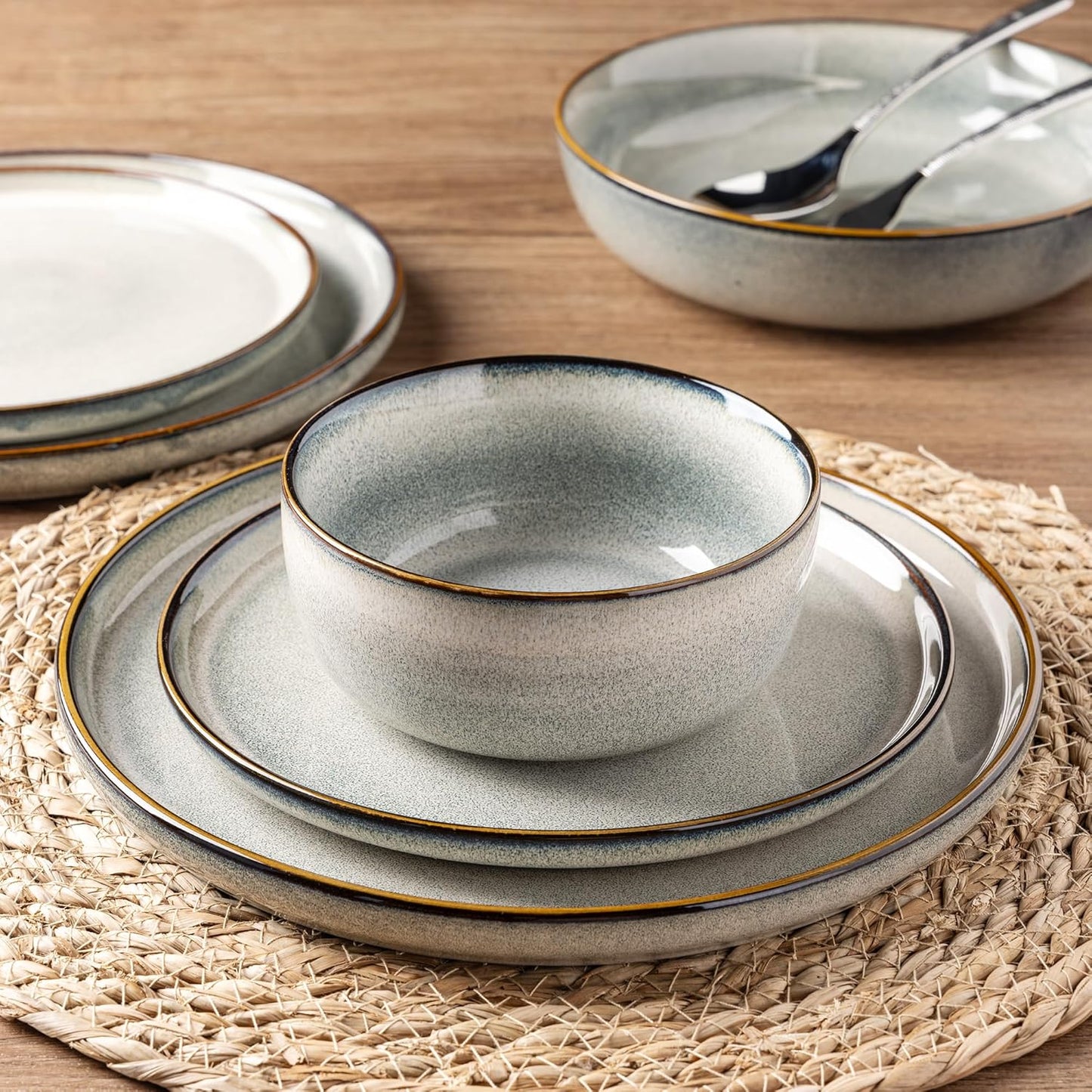 GBHOME Ceramic Dinnerware Sets for 12, 36 Pieces Stoneware Plates and Bowls Sets, Reactive Glaze Dishes -Scratch Resistant, Dishwasher&Microwave Safe, Green Wheat