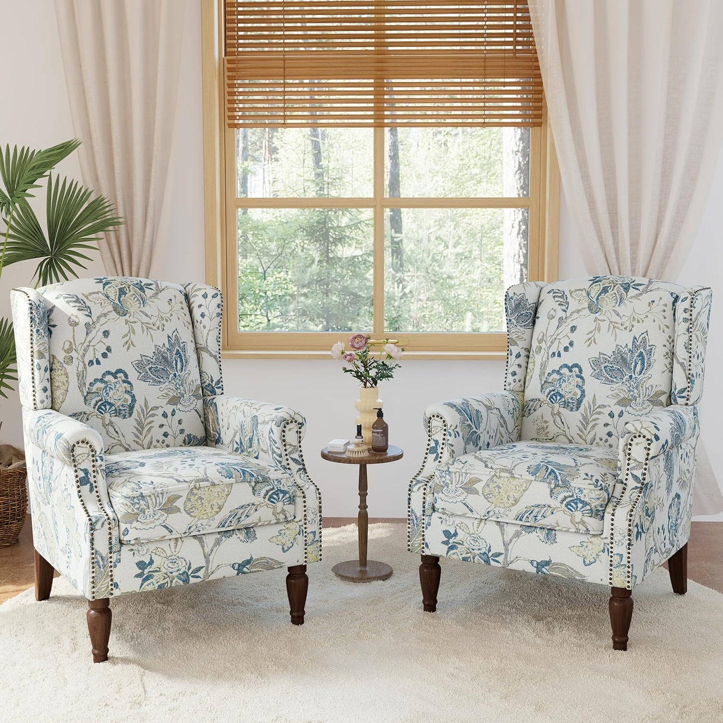 Lumibee Wingback Accent Chair, 2 Set High Back Floral Armchairs in Fabric,Comfy Upholstered Reading Single Sofa Chairs with Solid Wood Legs for Living Room,Bedroom,Office-Plants Blue