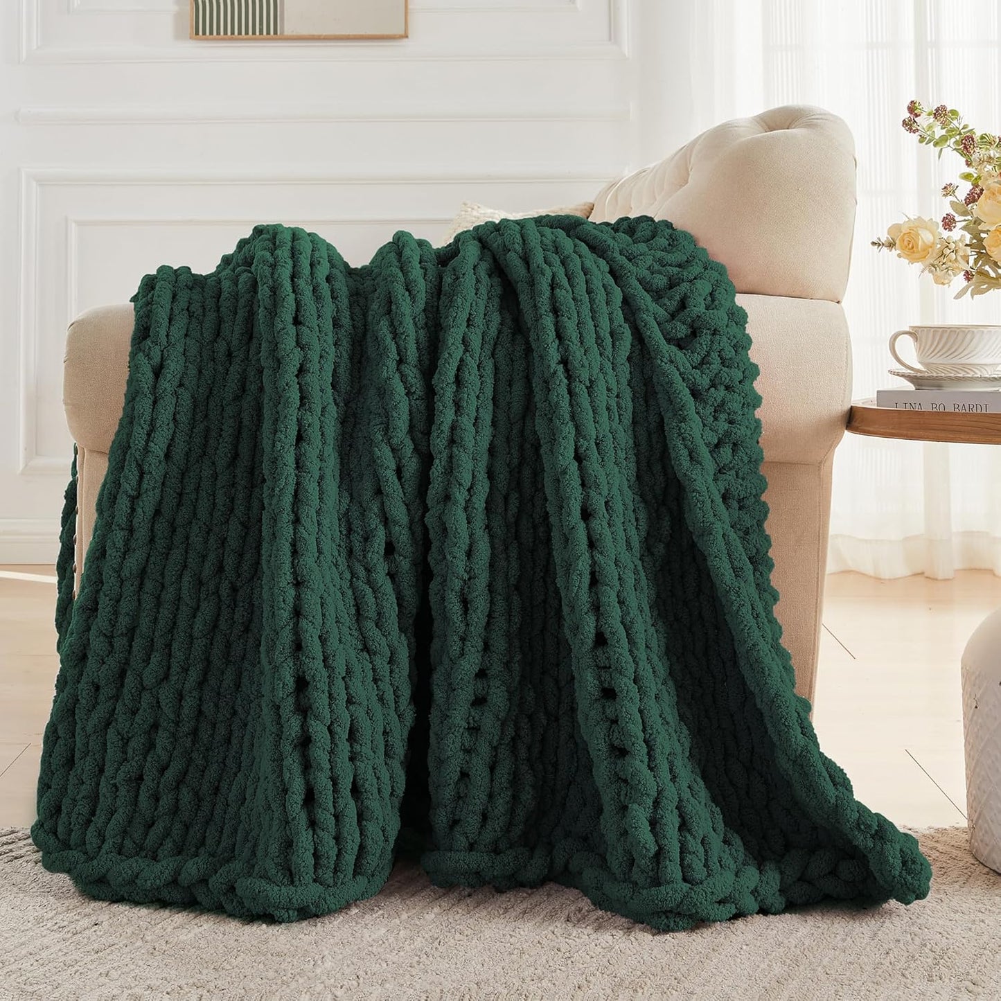 Carriediosa Chunky Knit Throw Blanket 50" X 60", 100% Hand Made Large Chenille Loop Yarn Soft Fluffy Throws for Couch Sofa Bed, Big Crochet Cozy Heavy Thick Cable Woven Blankets, Dark Green