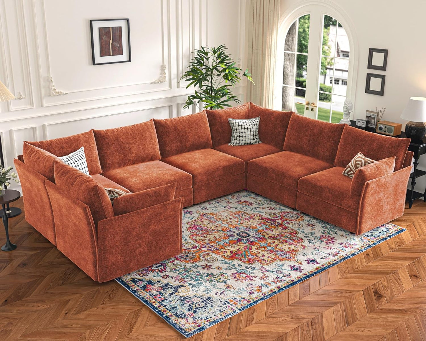 136.4" Oversized Modular Sectional Sofa, U Shaped Convertible Couch with Movable Ottoman, Large 7 Seat Corner Couches for Living Room Deep Seat Terracotta Orange Chenille