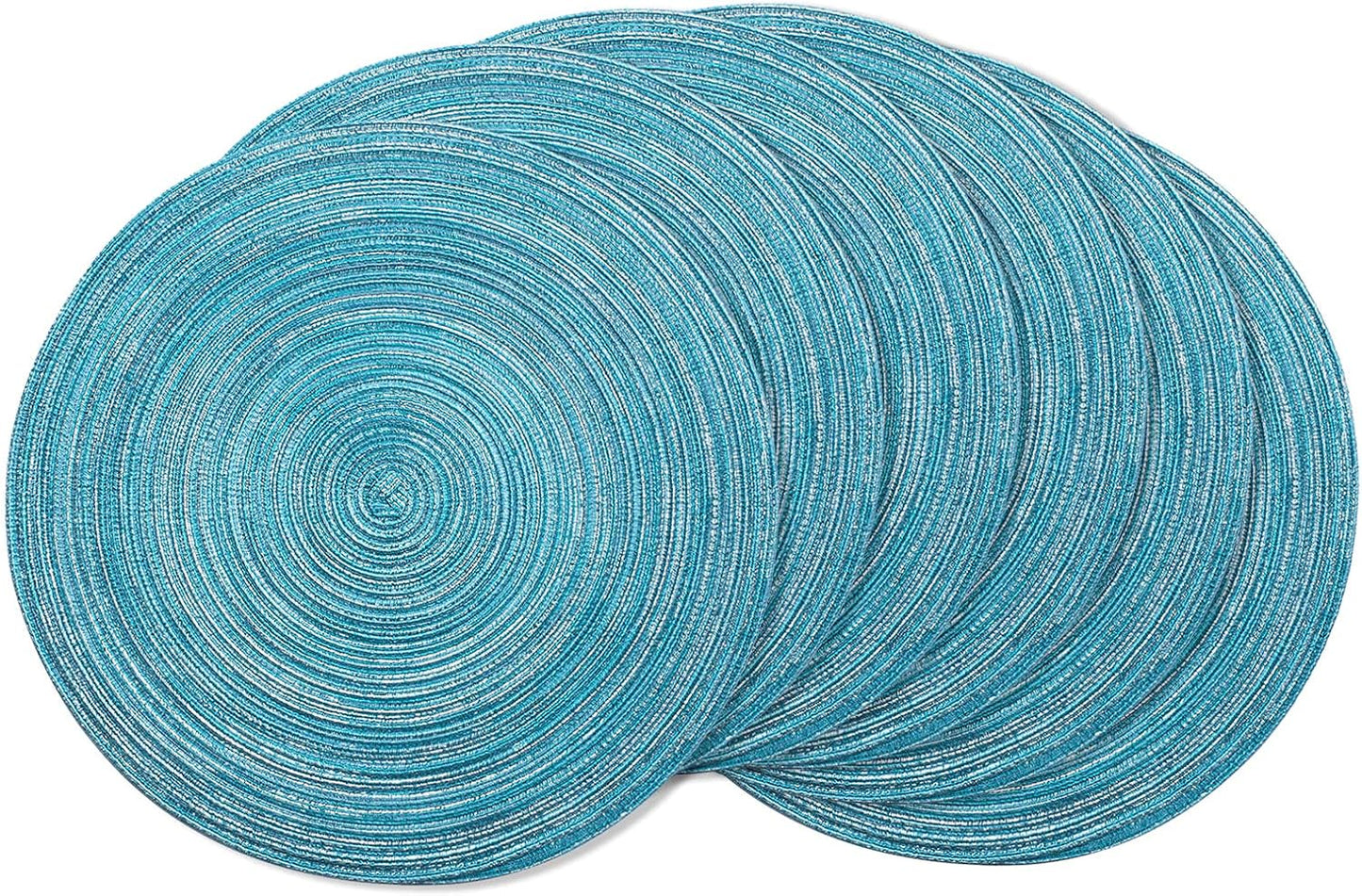 AHHFSMEI Round Braided Placemats Set of 6 Round Table Mats for Dining Tables Natural Woven Heat Resistant Place mats 15 Inch (Blue Silver)