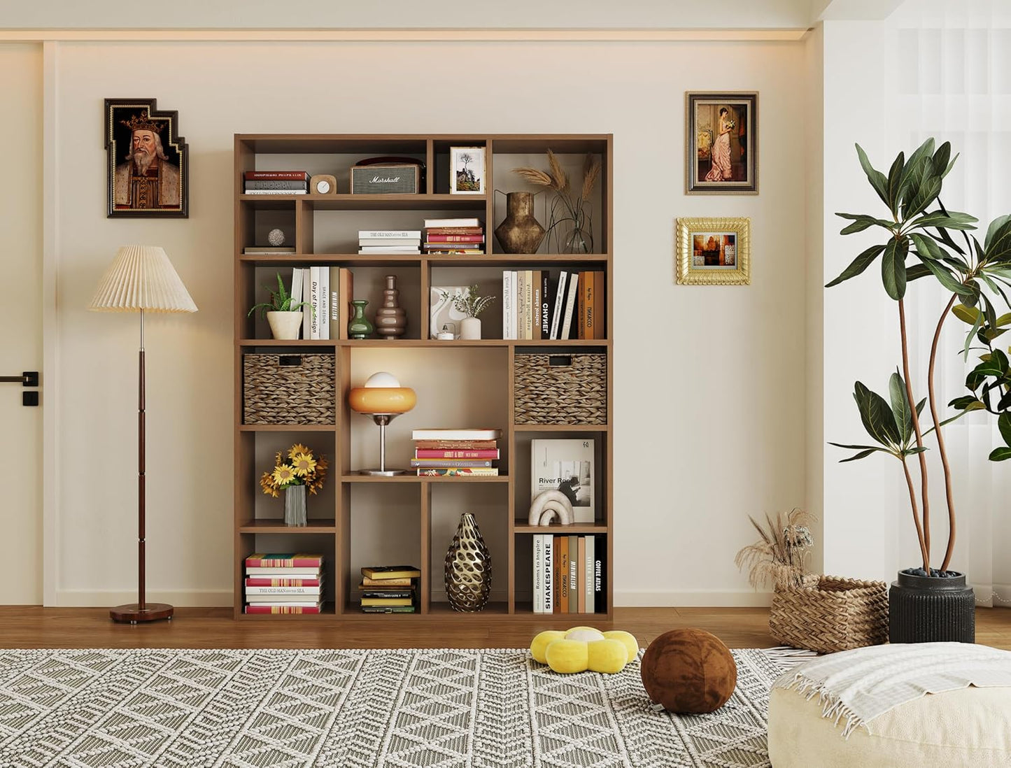 BLANKSPACE 71" H Large Bookcase with 6 Open Shelves & 2 Foldable Baskets - Heavy Duty Storage Bookshelf for Home Office, Living Room, Freestanding Organizer, Yili Oak