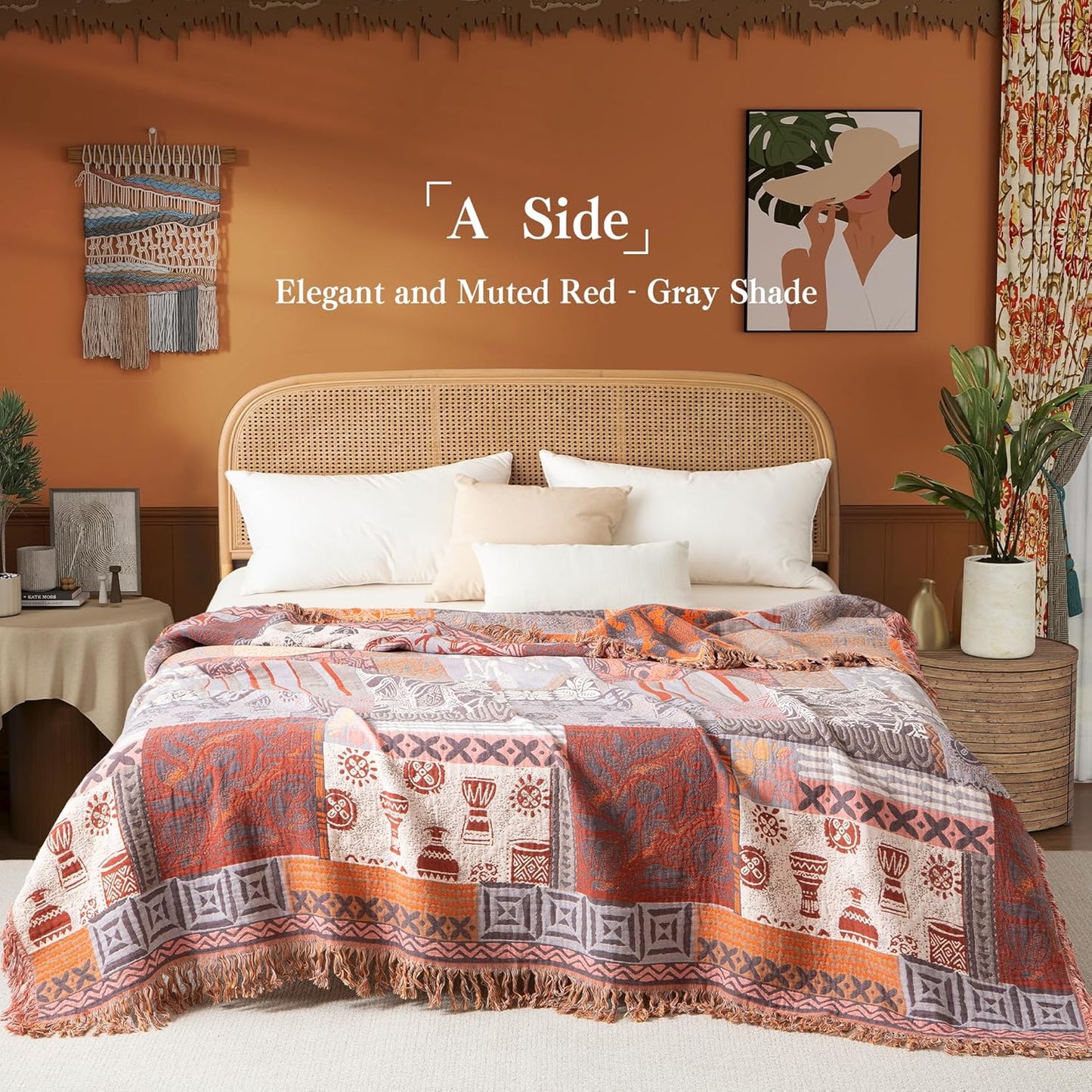 Boho Throw Blanket Full Size, Extra Large Soft Cozy Cotton Muslin Quilt Blanket for Bed Decor, Patchwork Block Couch Sofa Chair Cover, Vintage Farmhouse Cottage Woven Blanket, Red&Orange