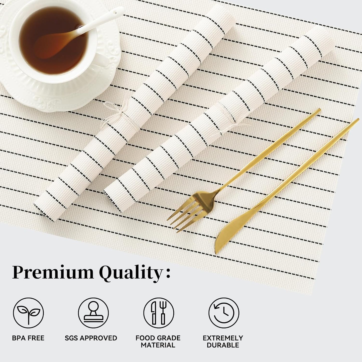 Leetaltree White with Black Stripes Placemats Set of 6 - Heat Resistant Non-Slip Place mats for Dining Table, Washable Durable PVC Vinyl Woven Table Mats（White Stripes, 6）