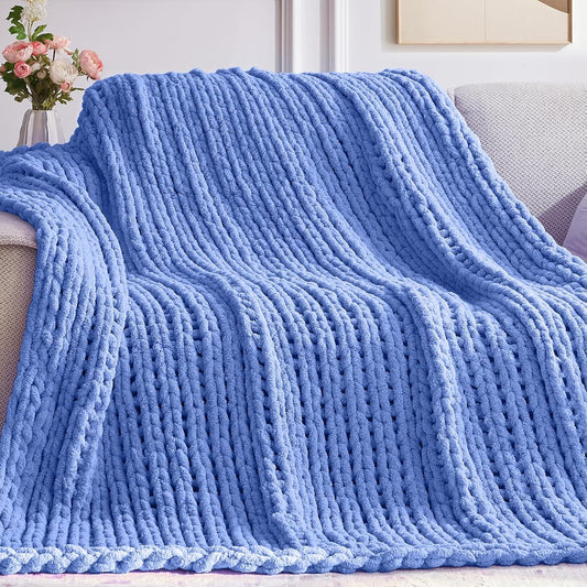 Chunky Knit Throw Blanket, 30''*40'' Knitted Throw Chenille Yarn for Bed Couch, Handmade Light Blue Crochet Big Thick Blanket, Machine Washable Cute Comfy Blanket for Home Decor
