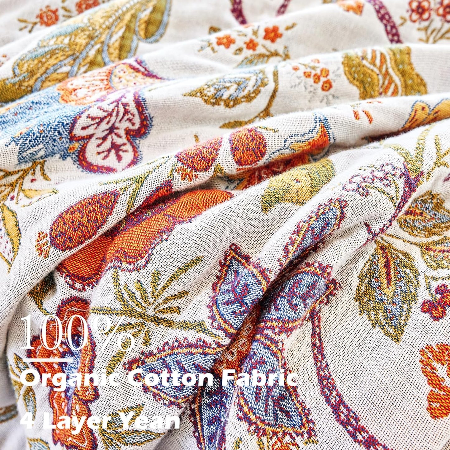 Boho Throw Blanket, 100% Organic Cotton Breathable Ultra Soft Bed Quilt Throw - All Season Floral Bird Butterfly Farmhouse Decor Blanket for Sofa Couch Chair and Gift. 60" x 80"