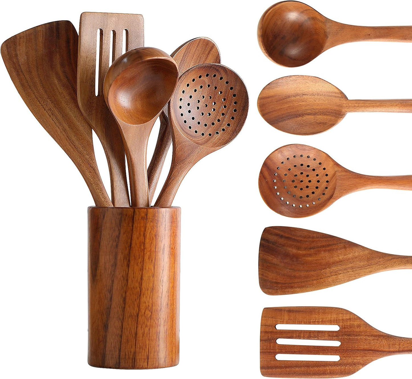 Wooden Spoons for Cooking, Cooking Utensils Set of 6 Natural Teak Wooden Cooking Spatulas with Utensils Holder Comfort Grip Wooden Kitchen Utensils for Nonstick Cookware